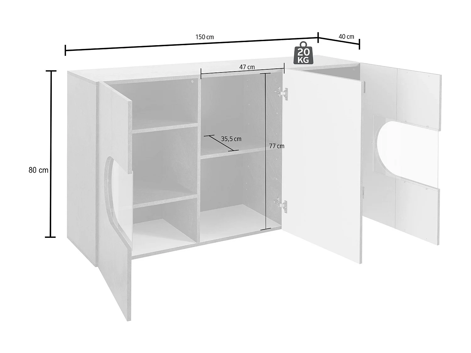 Credenza Real a 3 ante con inserti in vetro espositivi bianco lucido 150x40x80 cm