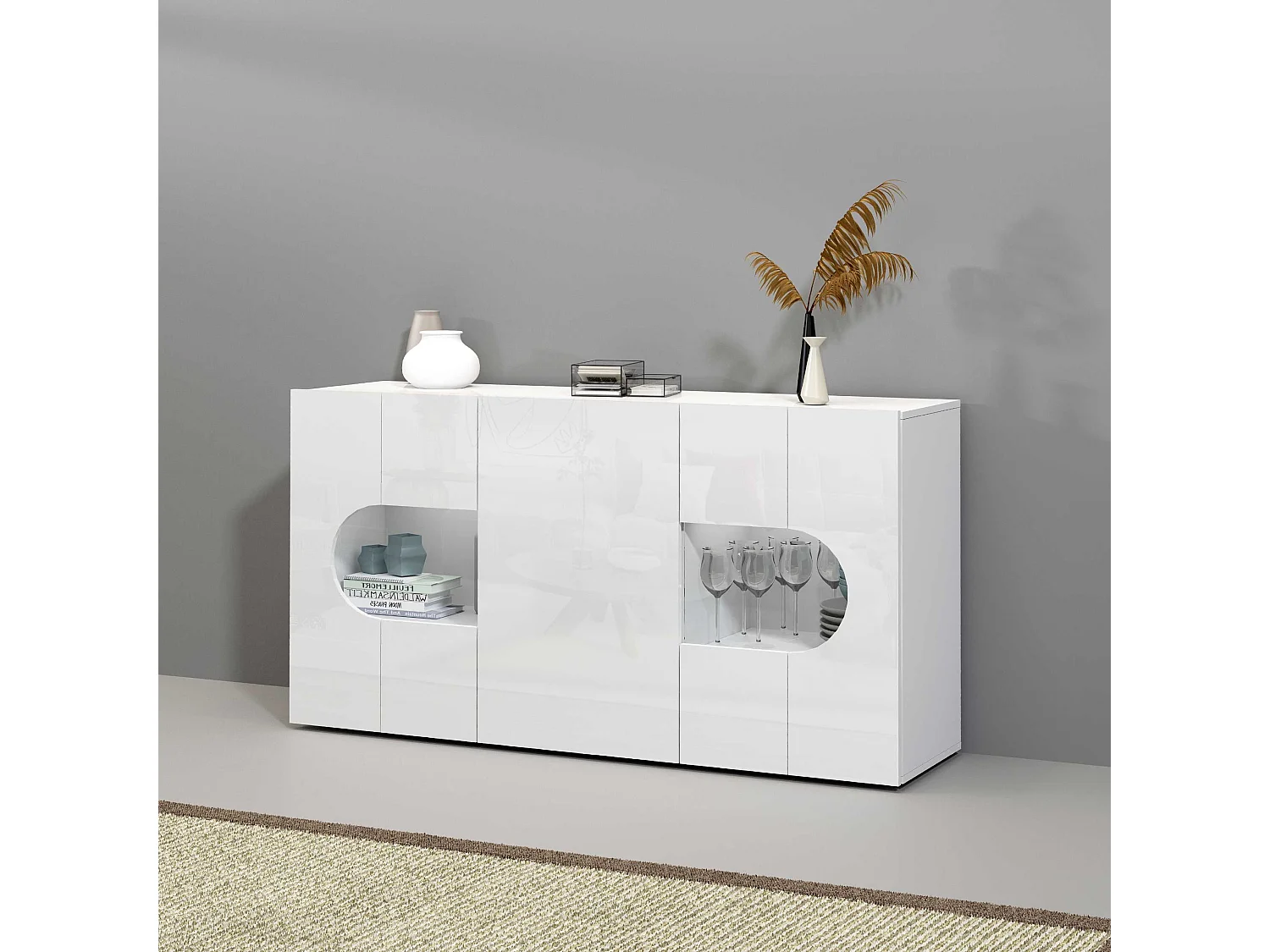 Credenza Real a 3 ante con inserti in vetro espositivi bianco lucido 150x40x80 cm