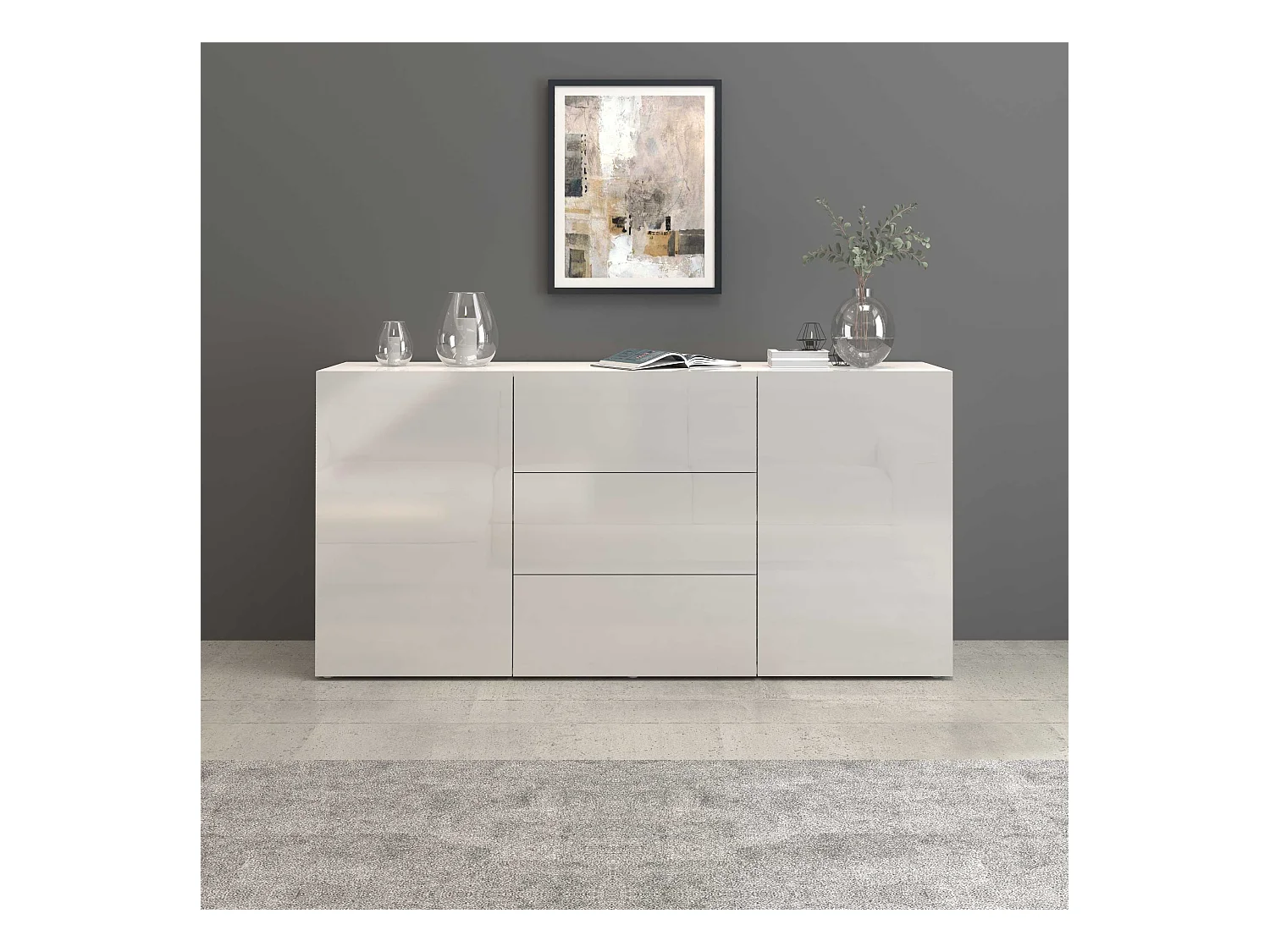Credenza Egypt a 2 ante e 3 cassetti bianco lucido 160x40x80 cm