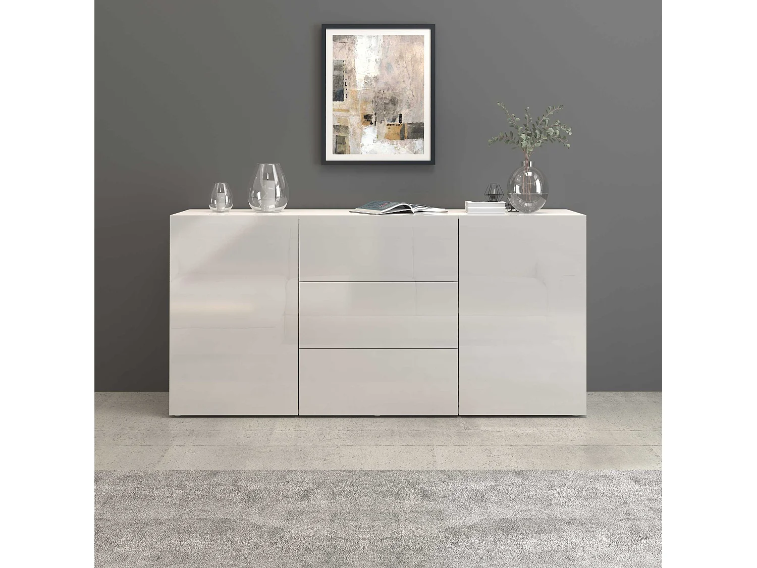 Credenza Egypt a 2 ante e 3 cassetti bianco lucido 160x40x80 cm