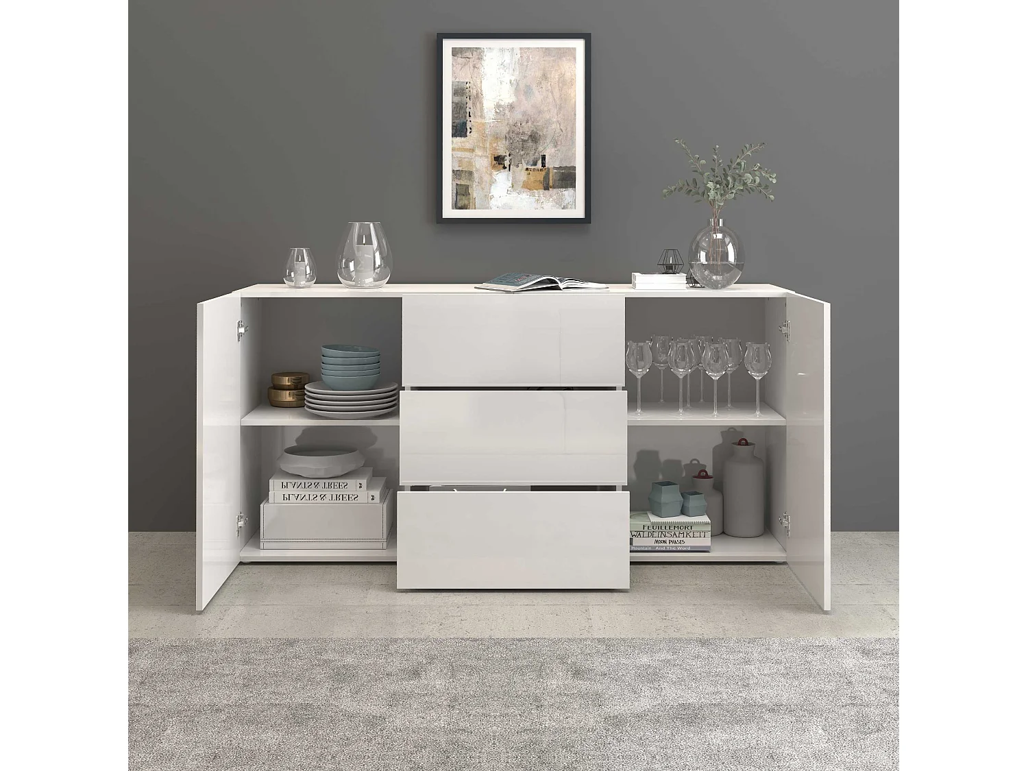 Credenza Egypt a 2 ante e 3 cassetti bianco lucido 160x40x80 cm