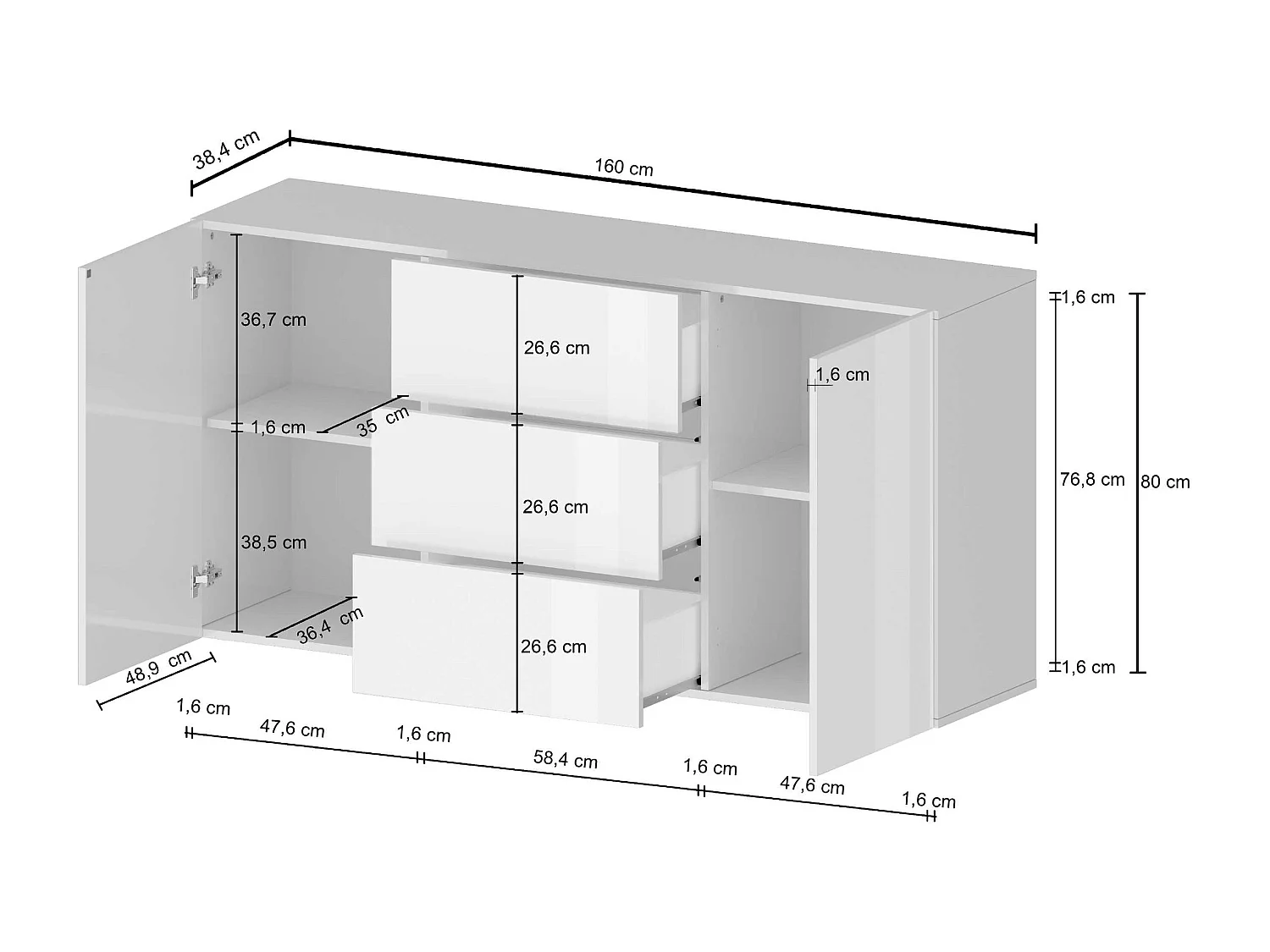 Credenza Egypt a 2 ante e 3 cassetti bianco lucido 160x40x80 cm