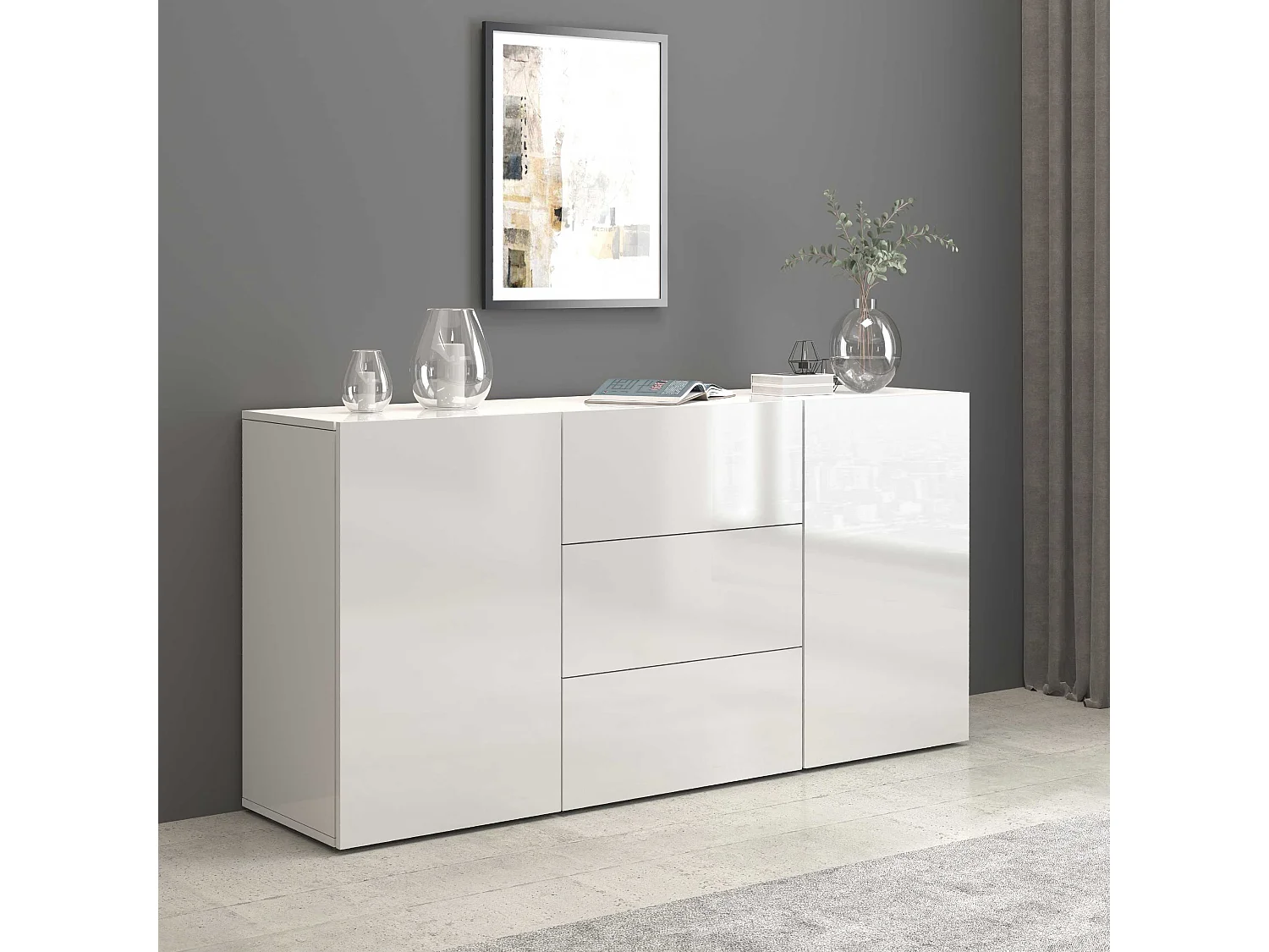 Credenza Egypt a 2 ante e 3 cassetti bianco lucido 160x40x80 cm