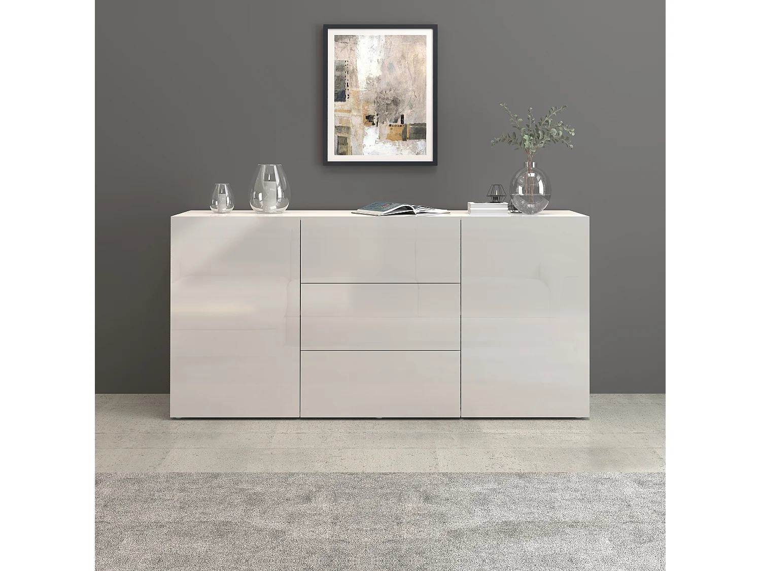Aparador Egypt con 2 puertas y 3 cajones blanco brillo 160x40x80 cm