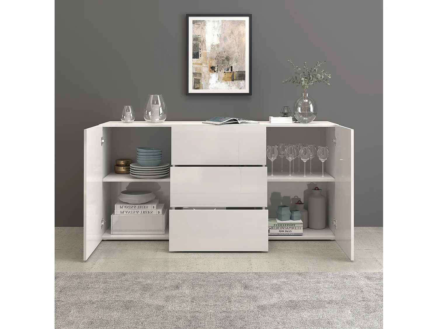 Aparador Egypt con 2 puertas y 3 cajones blanco brillo 160x40x80 cm