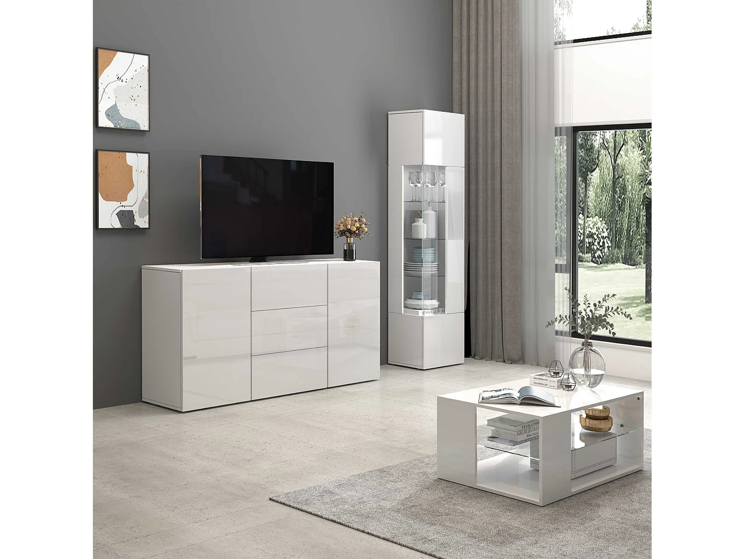 Aparador Egypt con 2 puertas y 3 cajones blanco brillo 160x40x80 cm