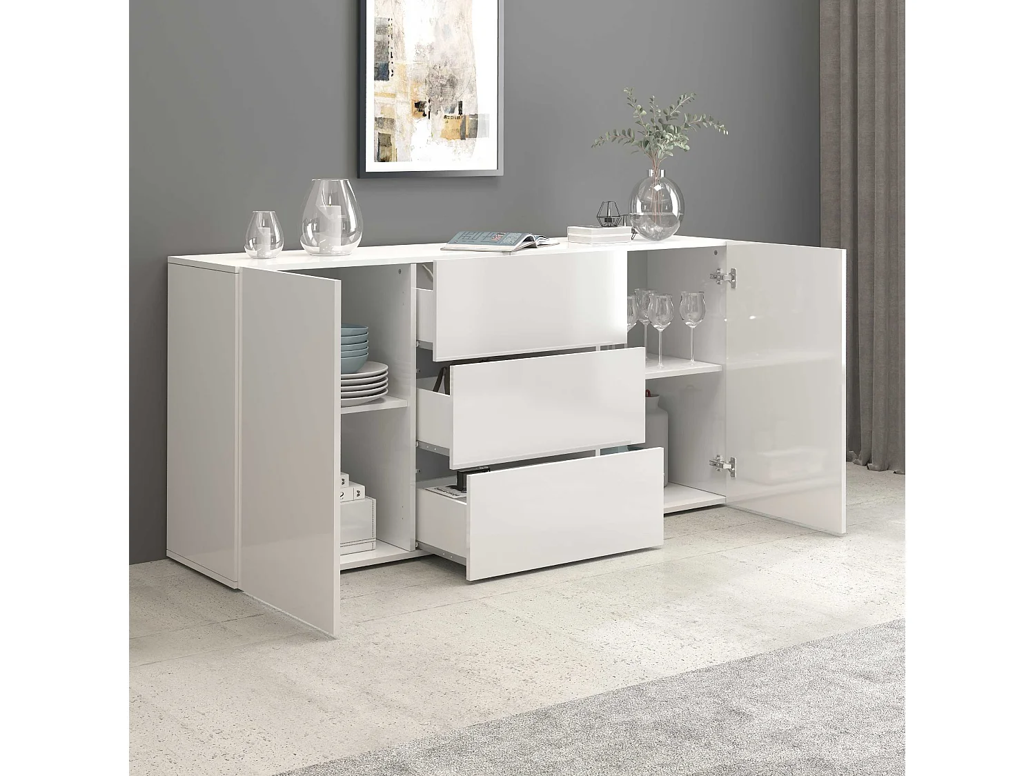 Aparador Egypt con 2 puertas y 3 cajones blanco brillo 160x40x80 cm