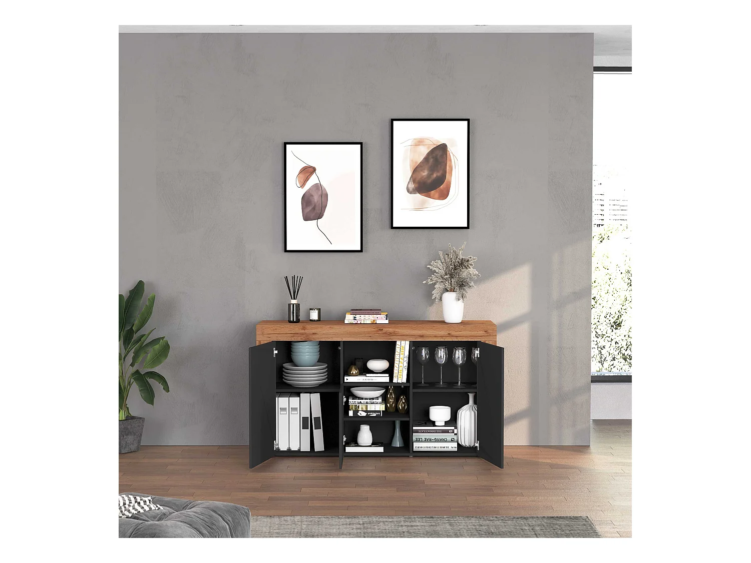 Credenza Chronos 3 ante e 1 vano antracite opaco e rovere 155x40x85 cm