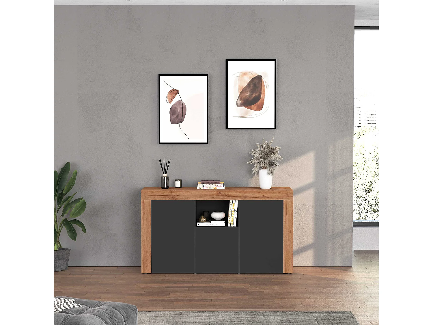 Aparador Chronos con 3 puertas y 1 compartimento, color antracita mate y roble, 155 x 40 x 85 cm