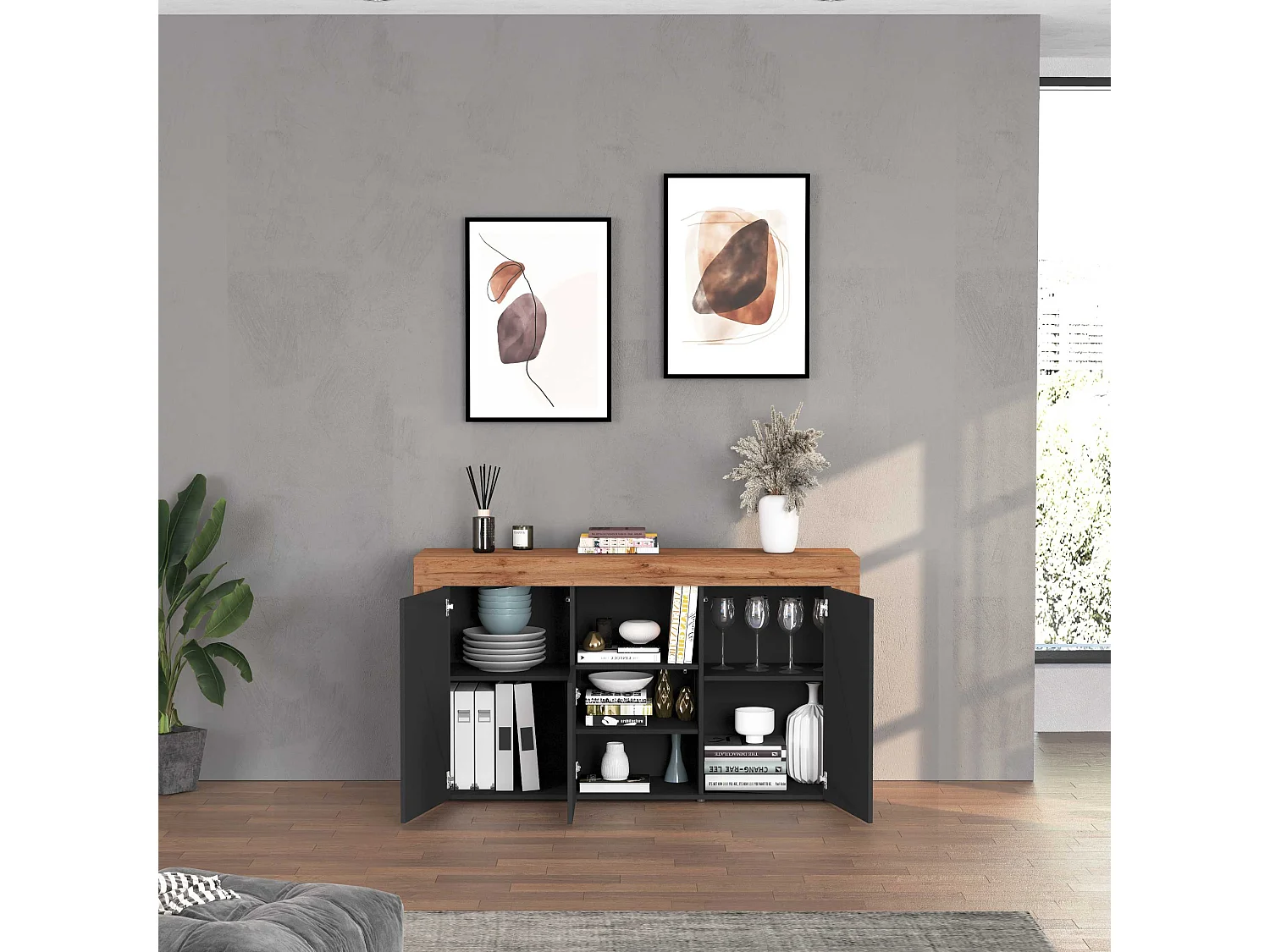 Aparador Chronos con 3 puertas y 1 compartimento, color antracita mate y roble, 155 x 40 x 85 cm