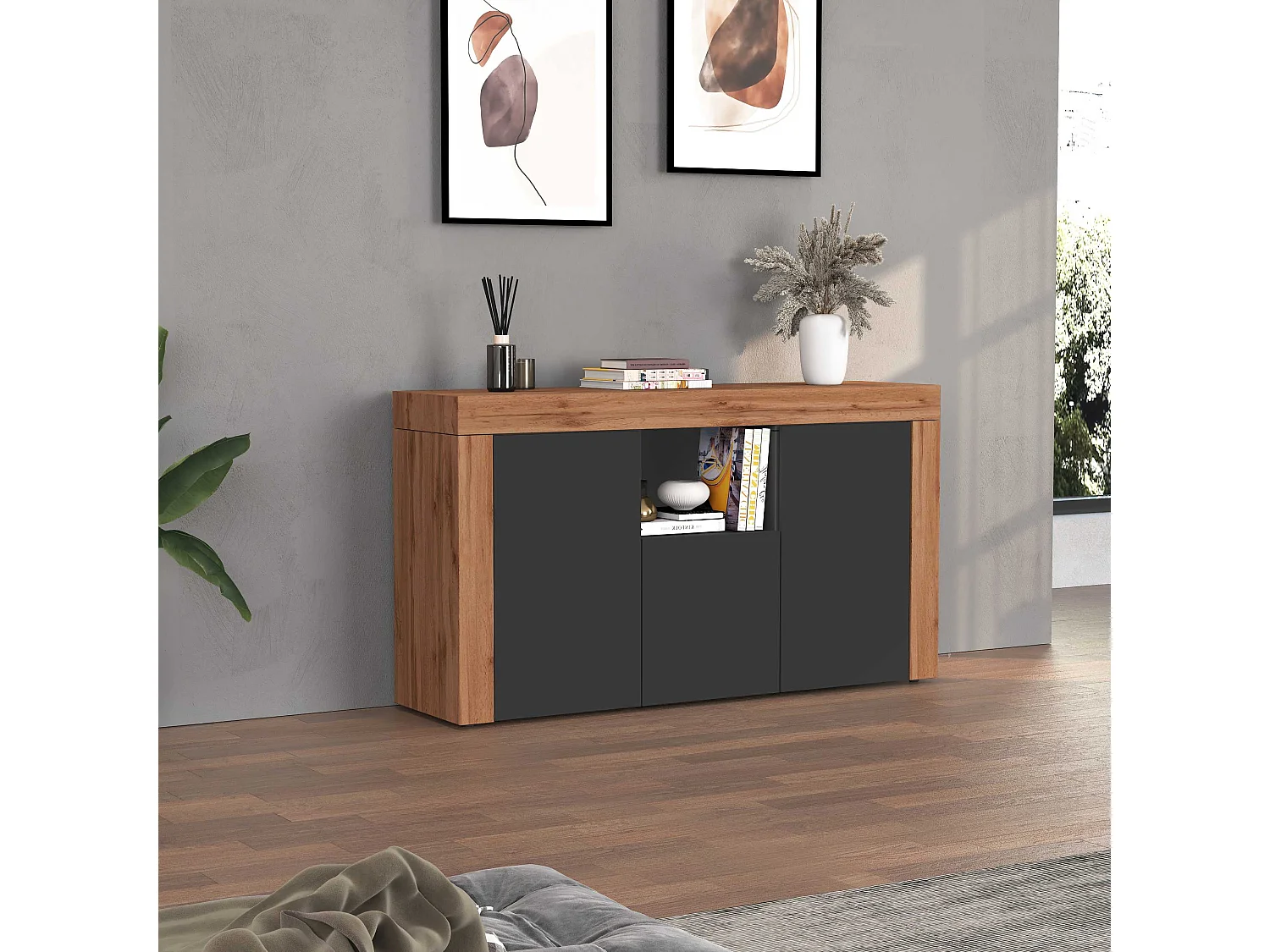 Aparador Chronos con 3 puertas y 1 compartimento, color antracita mate y roble, 155 x 40 x 85 cm