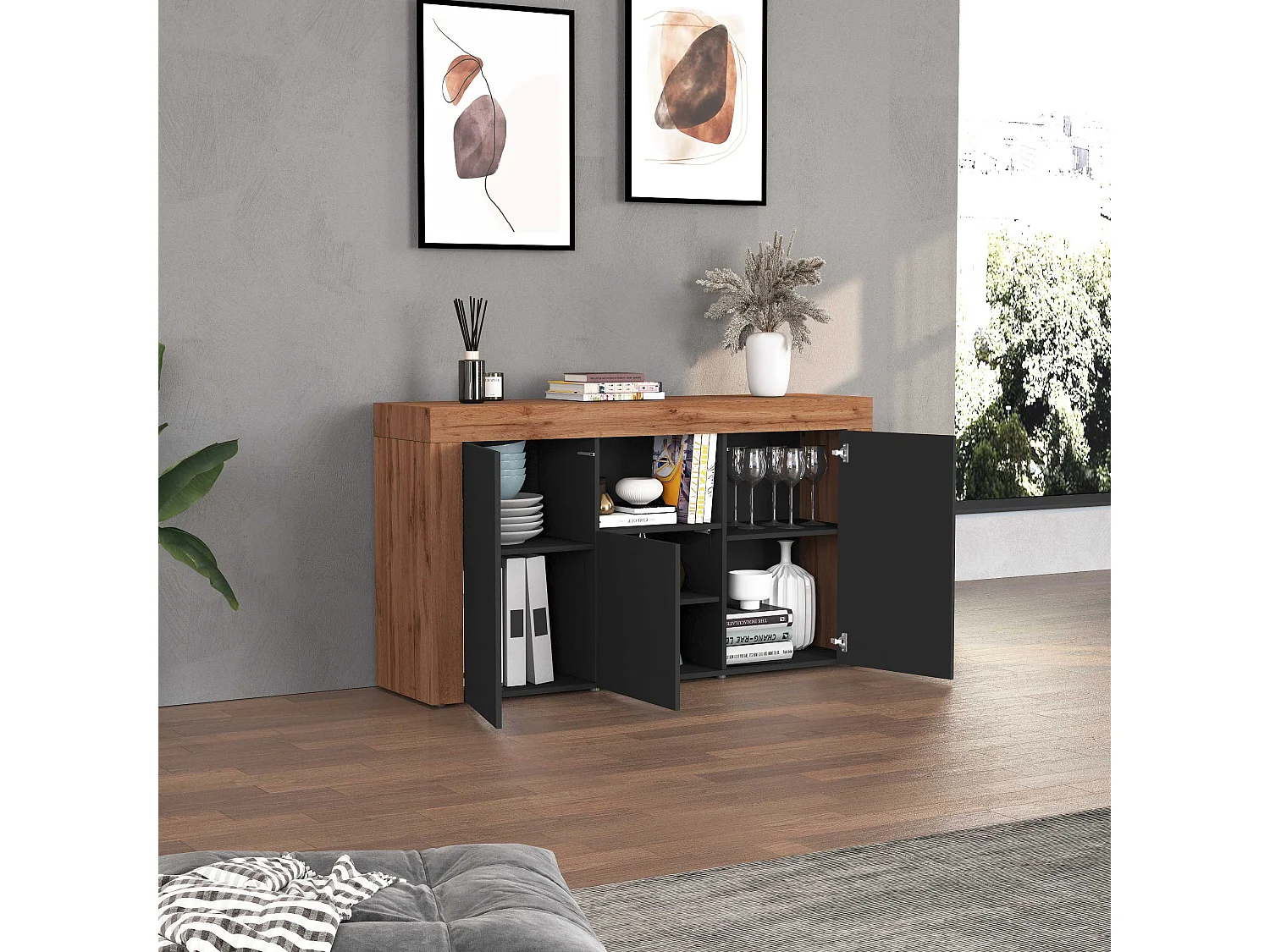 Aparador Chronos con 3 puertas y 1 compartimento, color antracita mate y roble, 155 x 40 x 85 cm