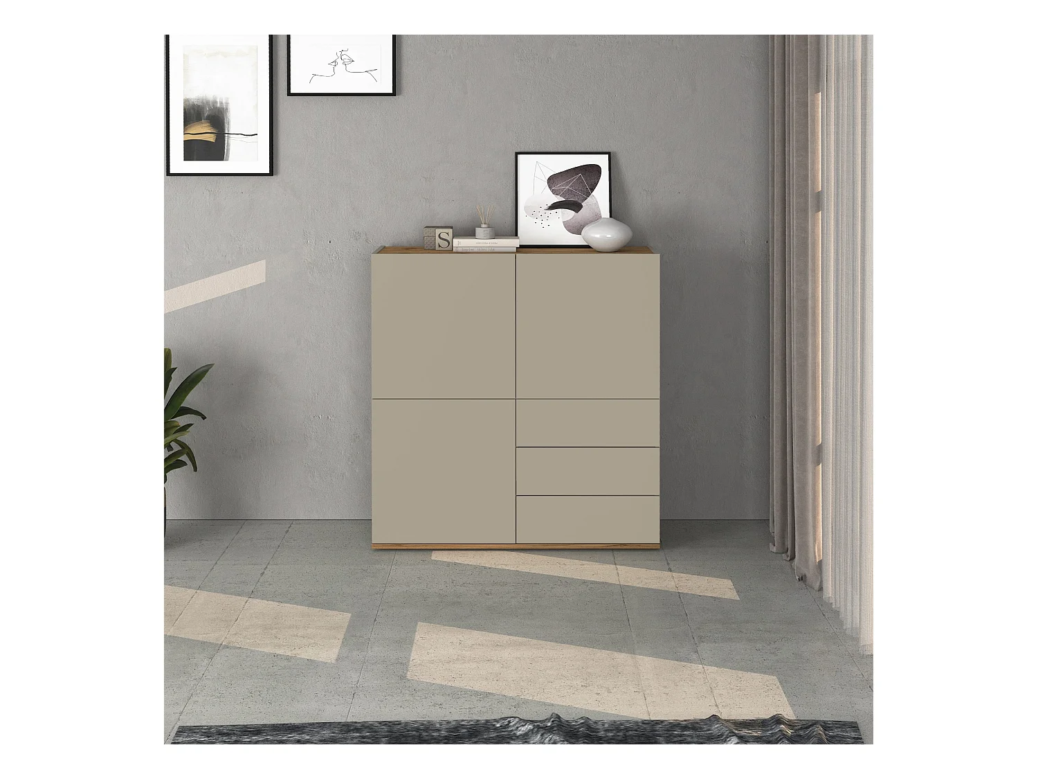 Credenza Garda a 3 ante e 3 cassetti tortora opaco e rovere 102x35x110 cm