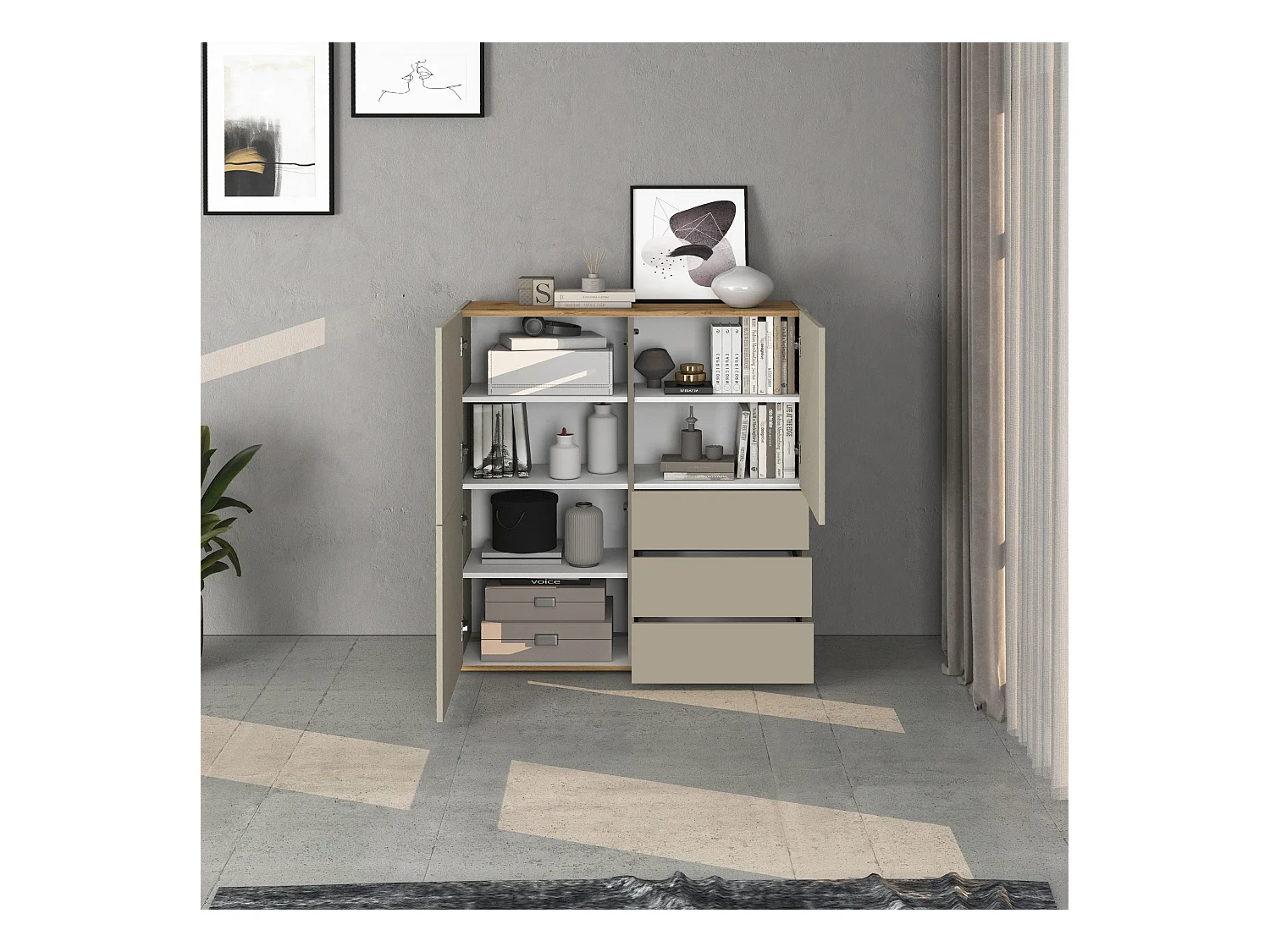 Credenza Garda a 3 ante e 3 cassetti tortora opaco e rovere 102x35x110 cm