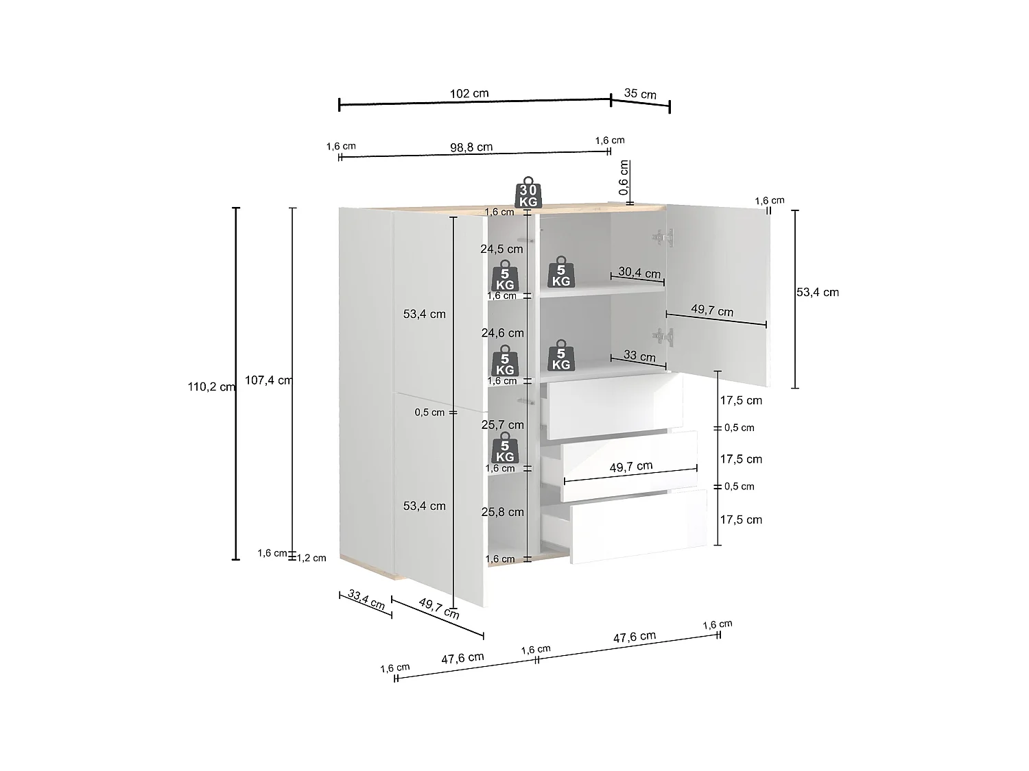Credenza Garda a 3 ante e 3 cassetti tortora opaco e rovere 102x35x110 cm