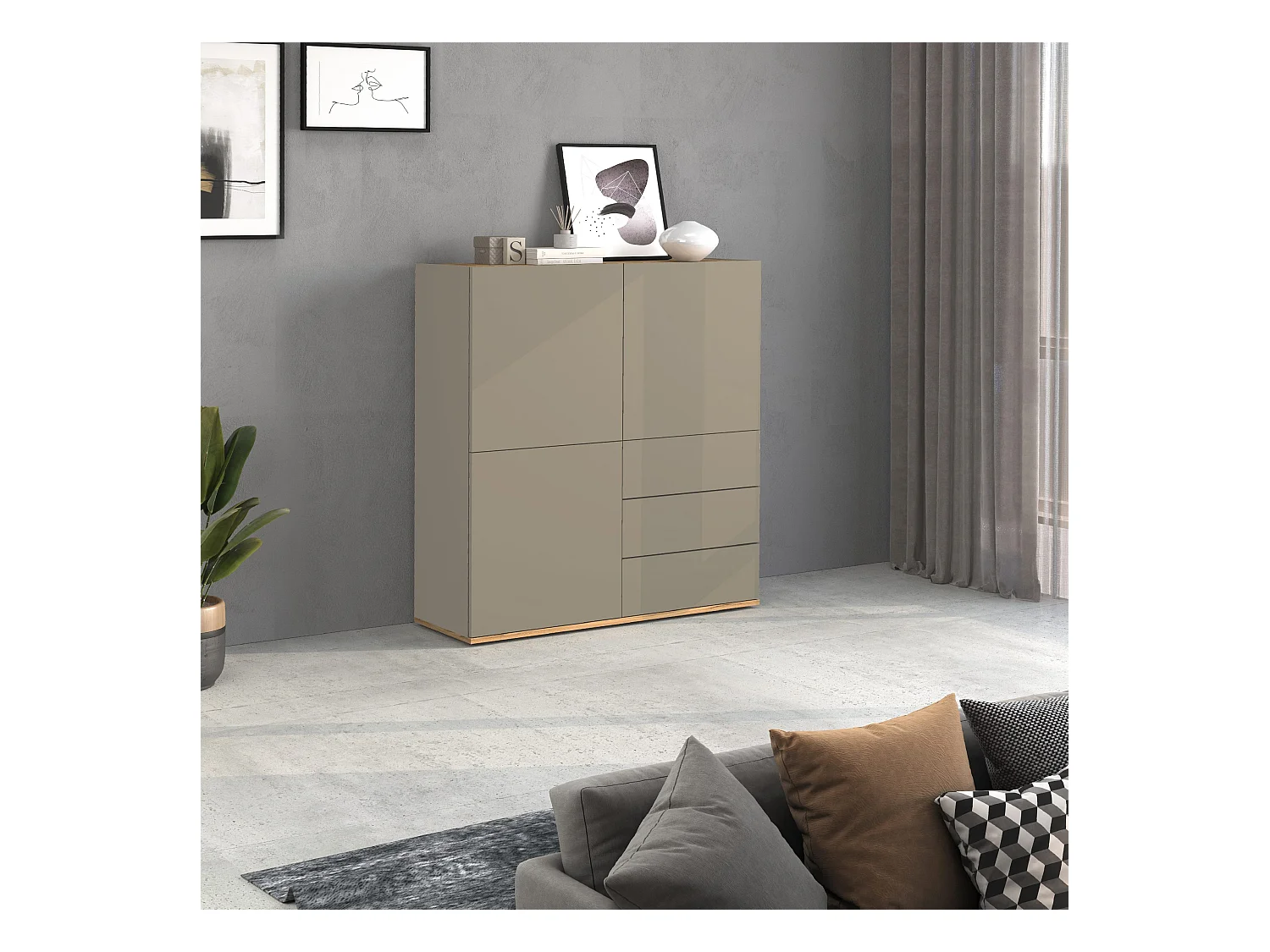 Credenza Garda a 3 ante e 3 cassetti tortora opaco e rovere 102x35x110 cm