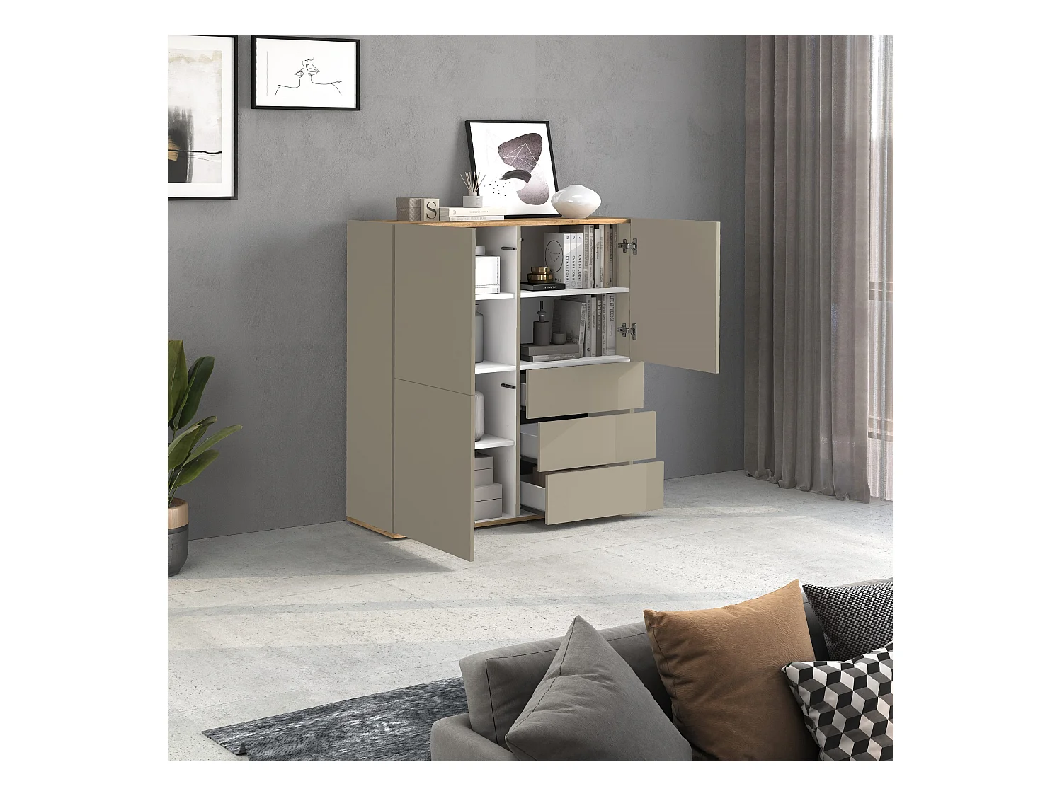 Credenza Garda a 3 ante e 3 cassetti tortora opaco e rovere 102x35x110 cm