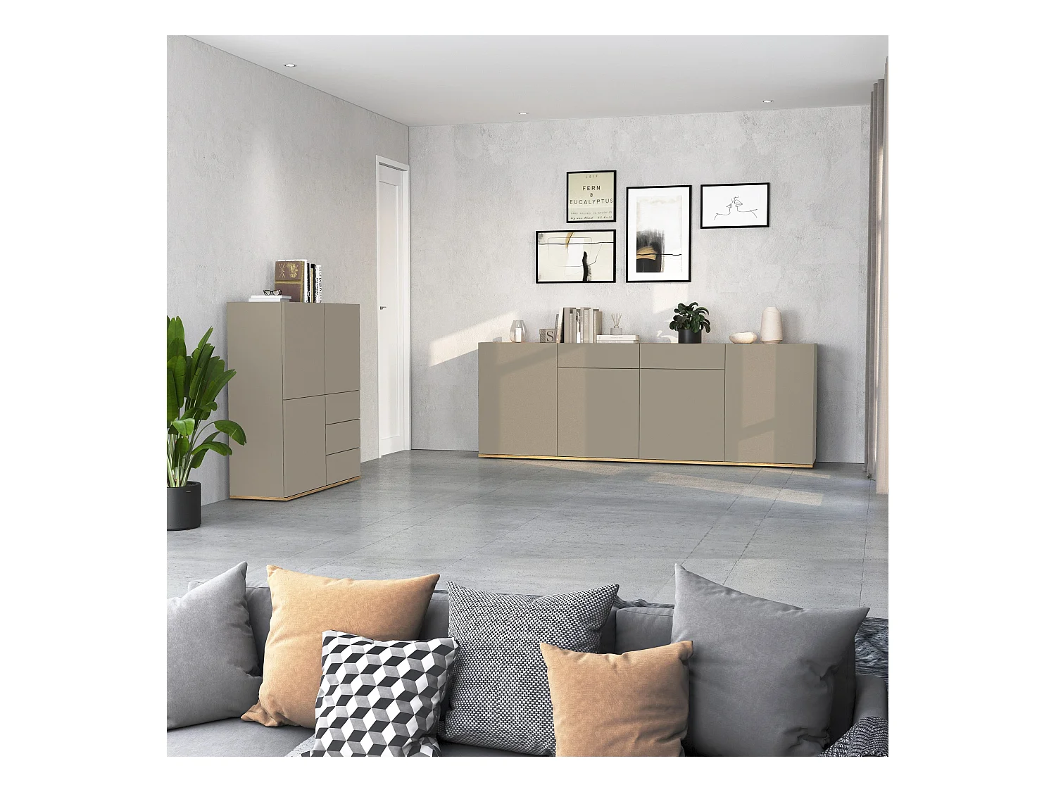 Credenza Garda a 3 ante e 3 cassetti tortora opaco e rovere 102x35x110 cm