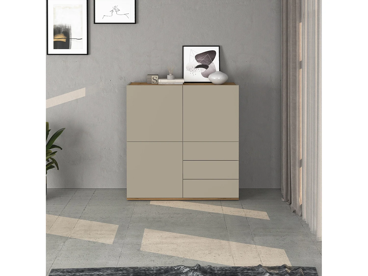 Credenza Garda a 3 ante e 3 cassetti tortora opaco e rovere 102x35x110 cm