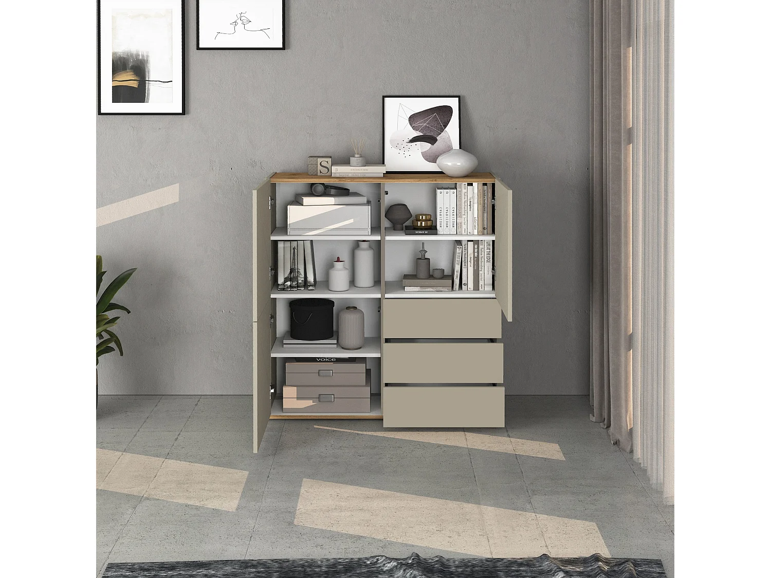 Credenza Garda a 3 ante e 3 cassetti tortora opaco e rovere 102x35x110 cm