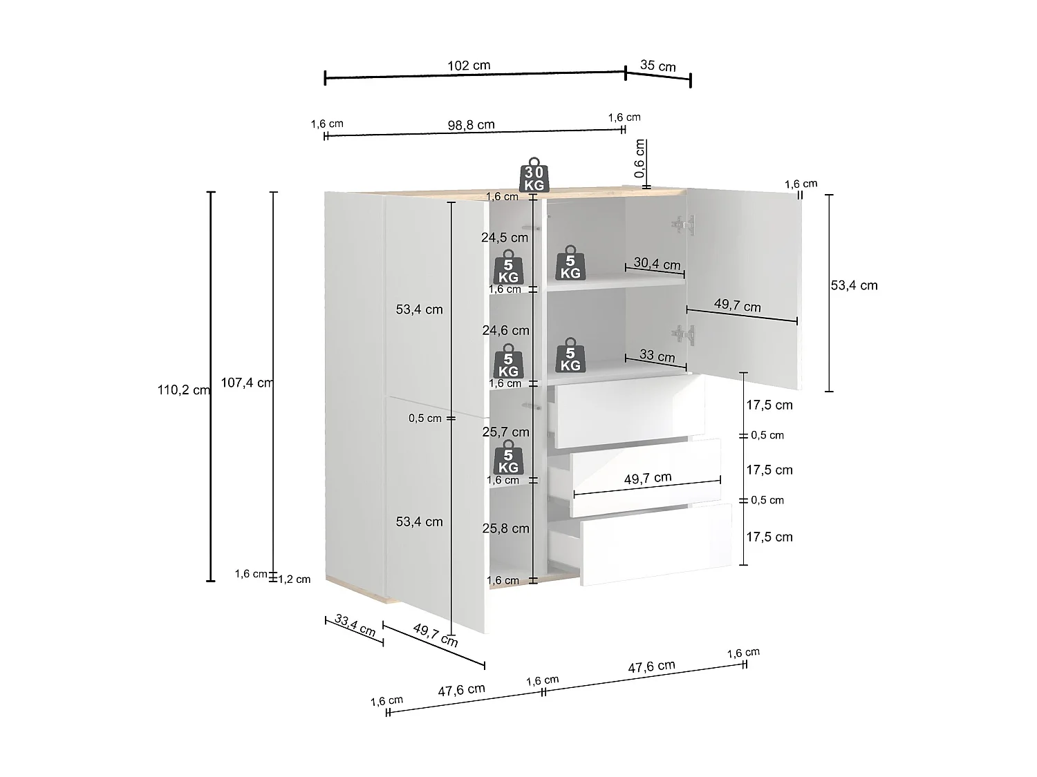 Credenza Garda a 3 ante e 3 cassetti tortora opaco e rovere 102x35x110 cm