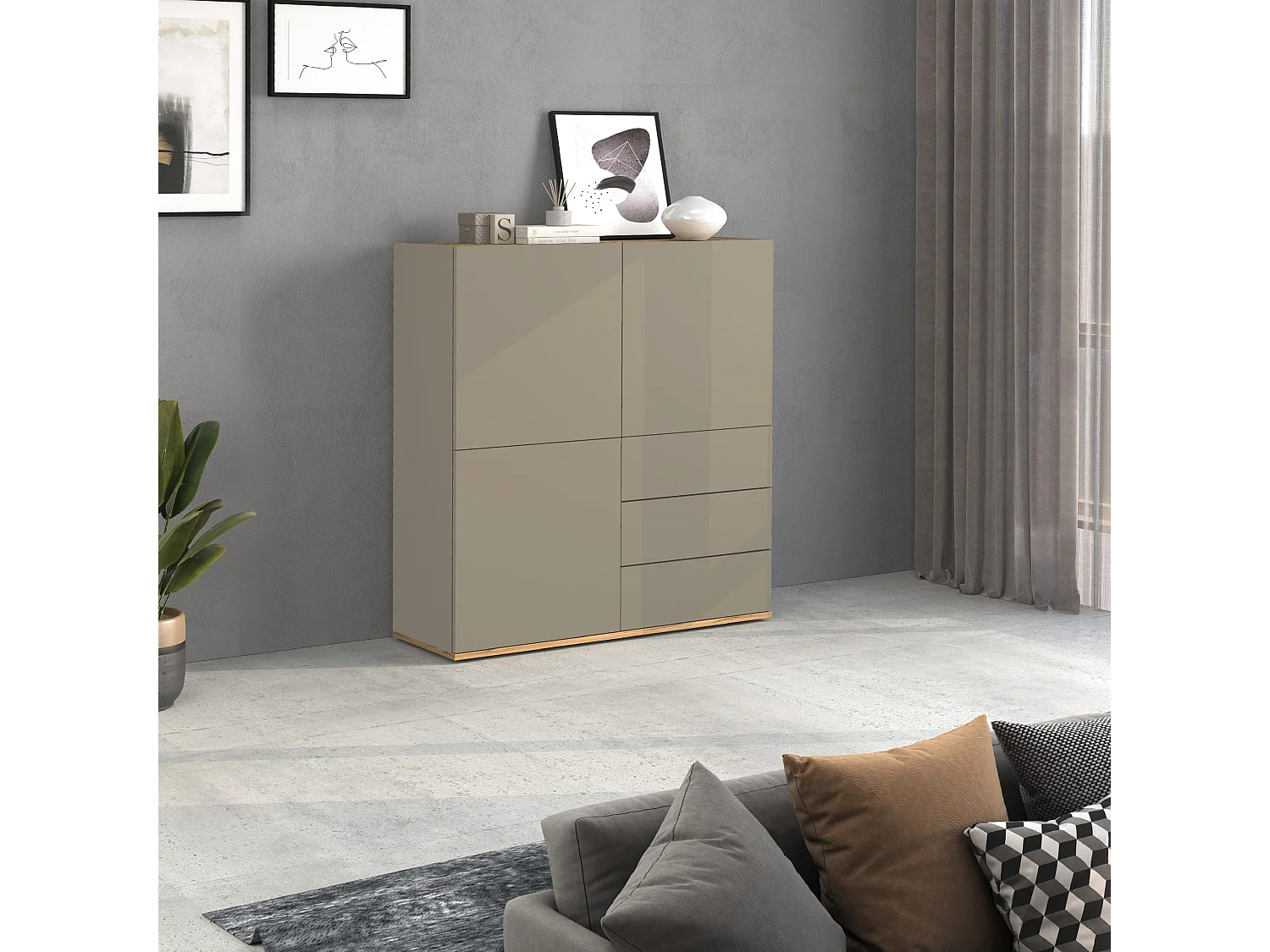 Credenza Garda a 3 ante e 3 cassetti tortora opaco e rovere 102x35x110 cm
