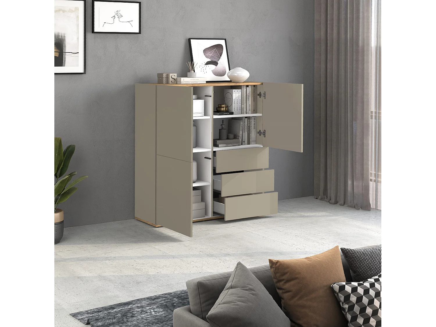 Credenza Garda a 3 ante e 3 cassetti tortora opaco e rovere 102x35x110 cm