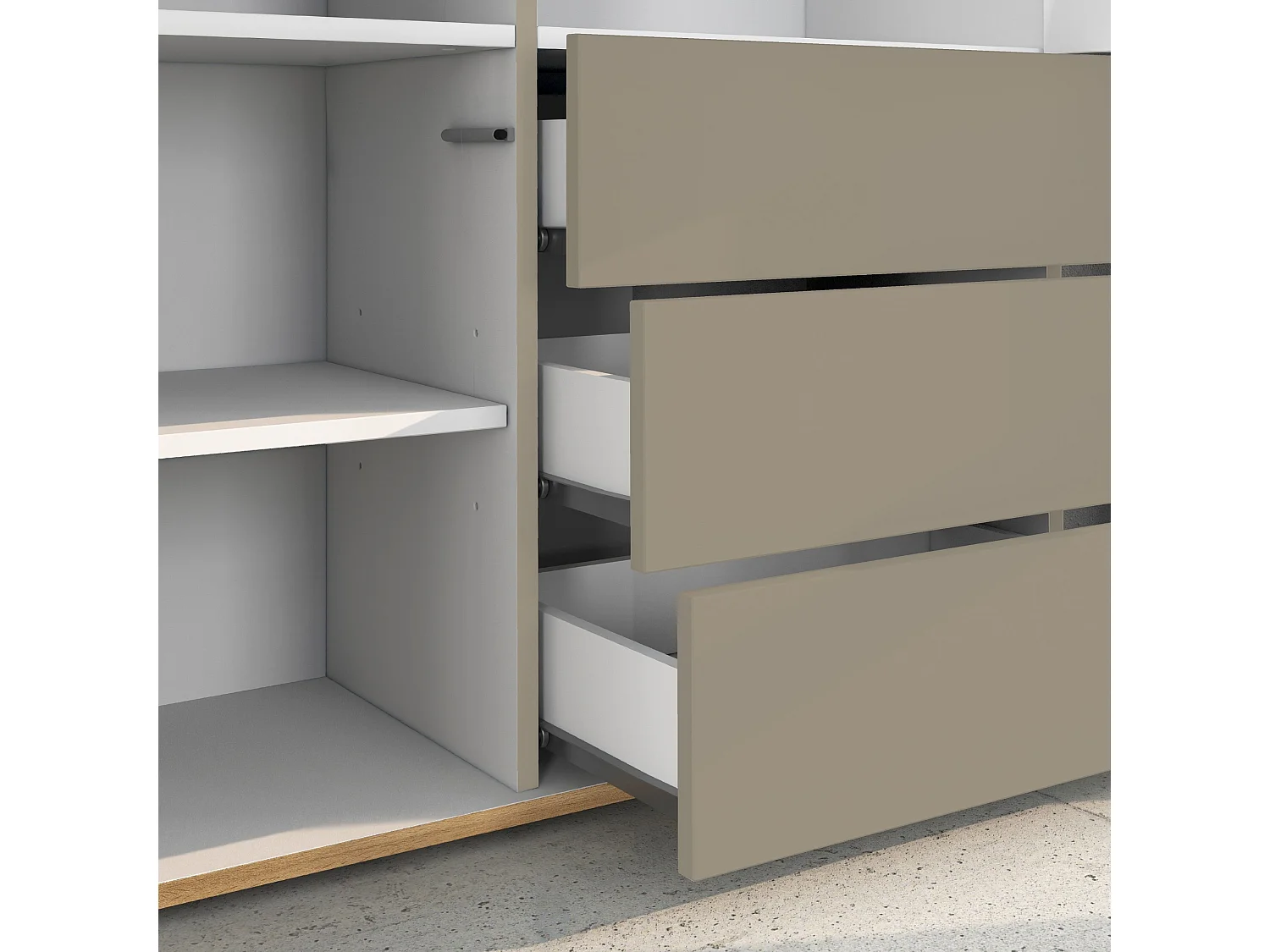 Credenza Garda a 3 ante e 3 cassetti tortora opaco e rovere 102x35x110 cm