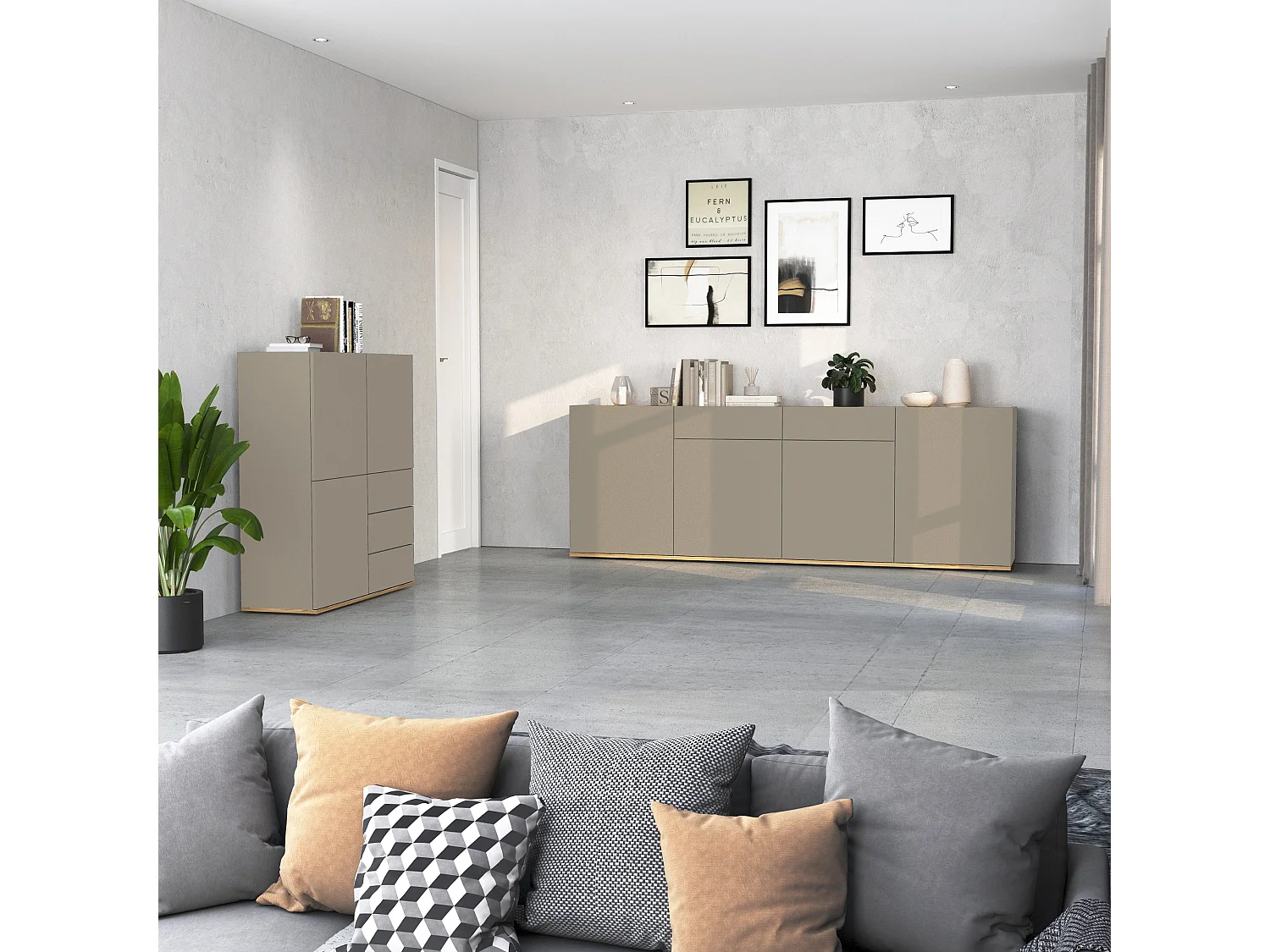 Credenza Garda a 3 ante e 3 cassetti tortora opaco e rovere 102x35x110 cm