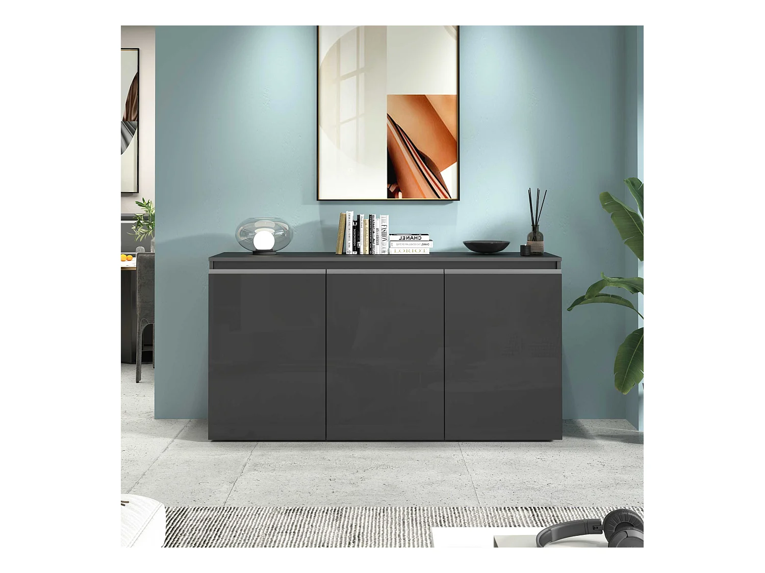 Credenza Magic 3 ante antracite lucido 150x40x80 cm