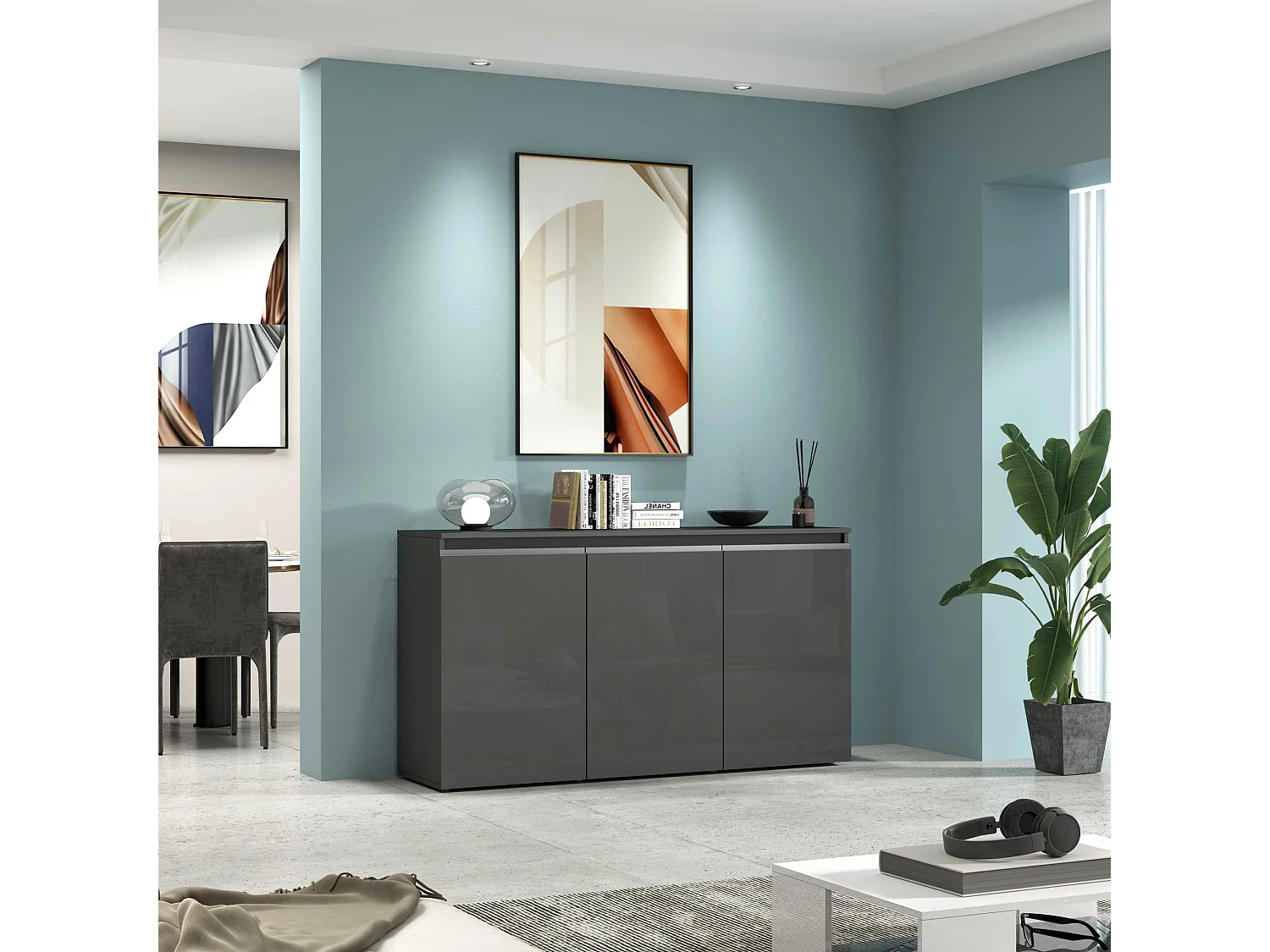 Credenza Magic 3 ante antracite lucido 150x40x80 cm
