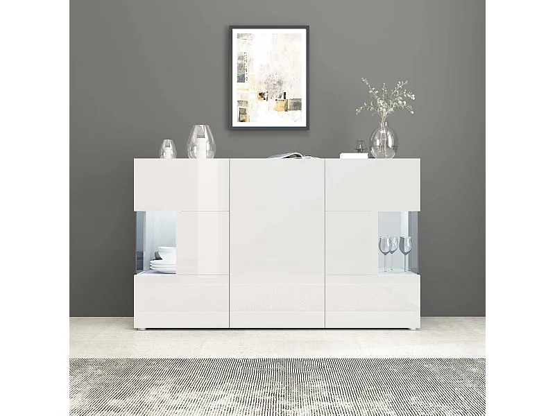 Credenza Egypt a 3 ante con inserti in vetro espositivi bianco lucido 135x40x80 cm