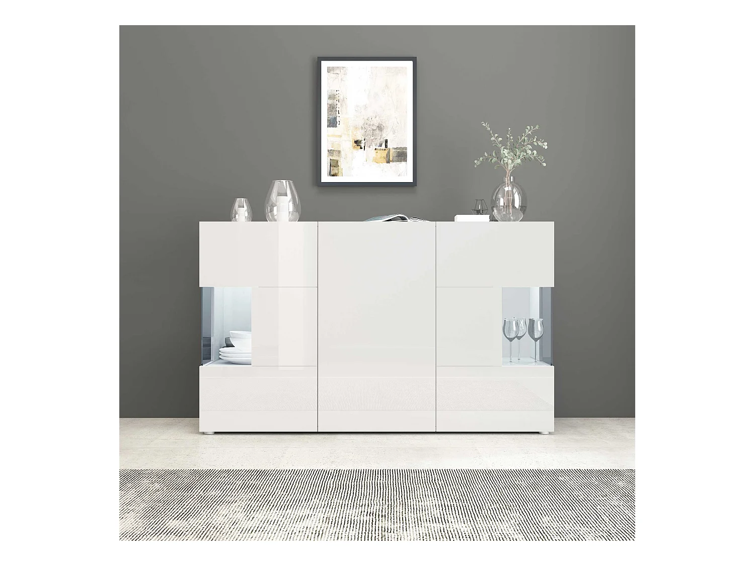 Credenza Egypt a 3 ante con inserti in vetro espositivi bianco lucido 135x40x80 cm