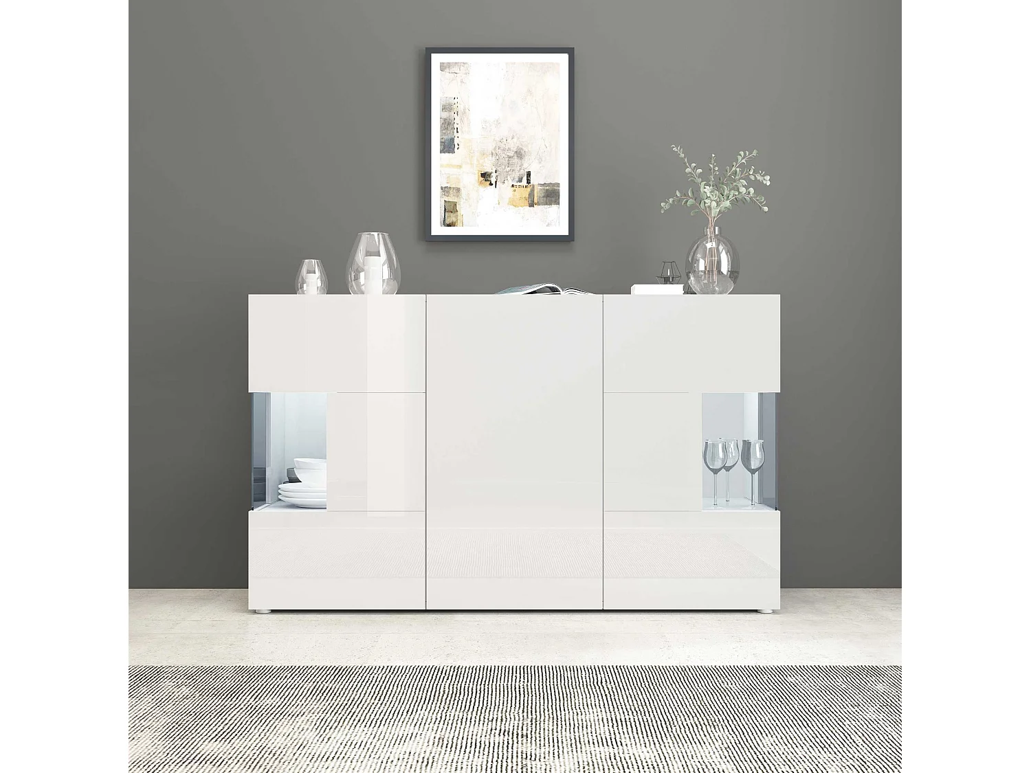 Credenza Egypt a 3 ante con inserti in vetro espositivi bianco lucido 135x40x80 cm