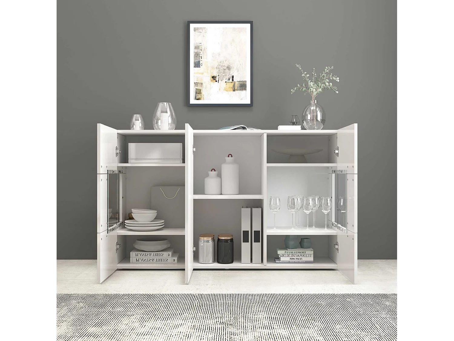 Credenza Egypt a 3 ante con inserti in vetro espositivi bianco lucido 135x40x80 cm