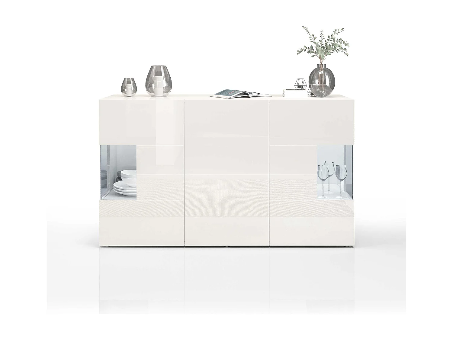 Credenza Egypt a 3 ante con inserti in vetro espositivi bianco lucido 135x40x80 cm