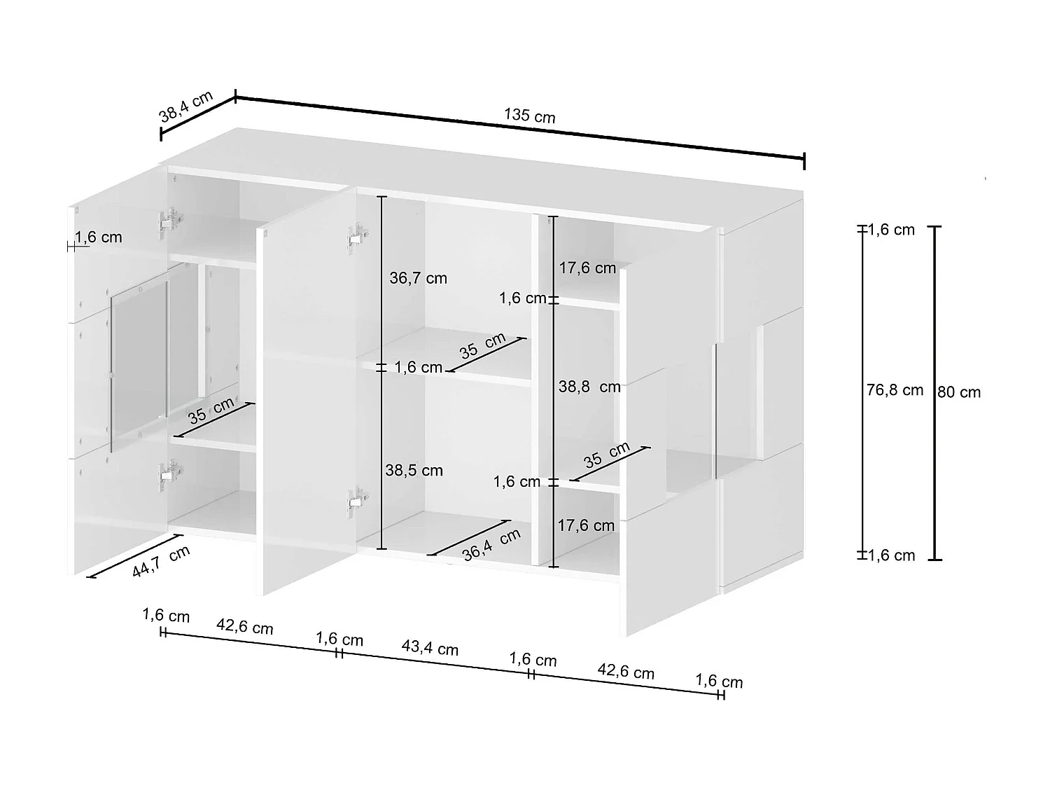 Credenza Egypt a 3 ante con inserti in vetro espositivi bianco lucido 135x40x80 cm