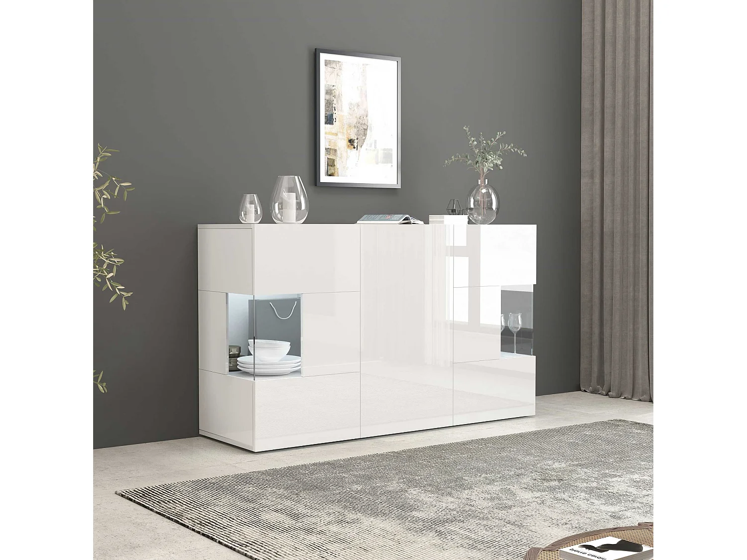 Credenza Egypt a 3 ante con inserti in vetro espositivi bianco lucido 135x40x80 cm