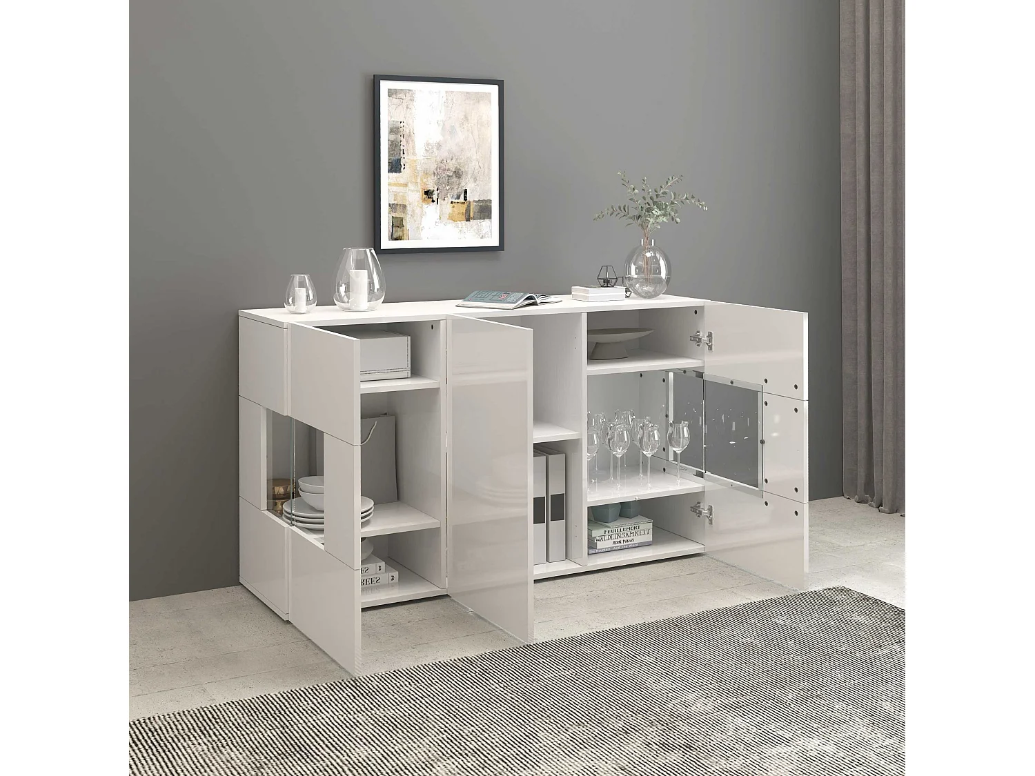 Credenza Egypt a 3 ante con inserti in vetro espositivi bianco lucido 135x40x80 cm