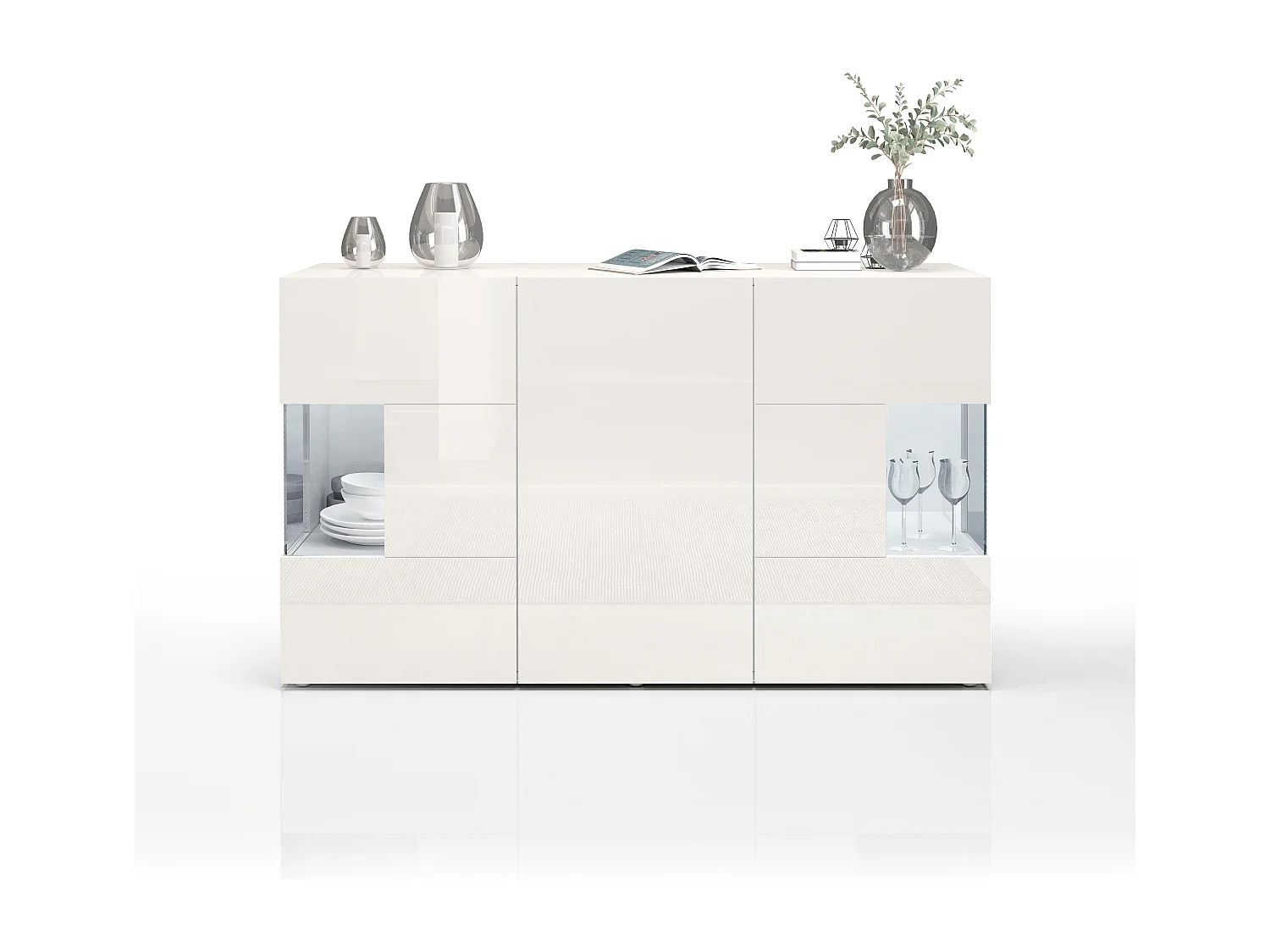 Credenza Egypt a 3 ante con inserti in vetro espositivi bianco lucido 135x40x80 cm