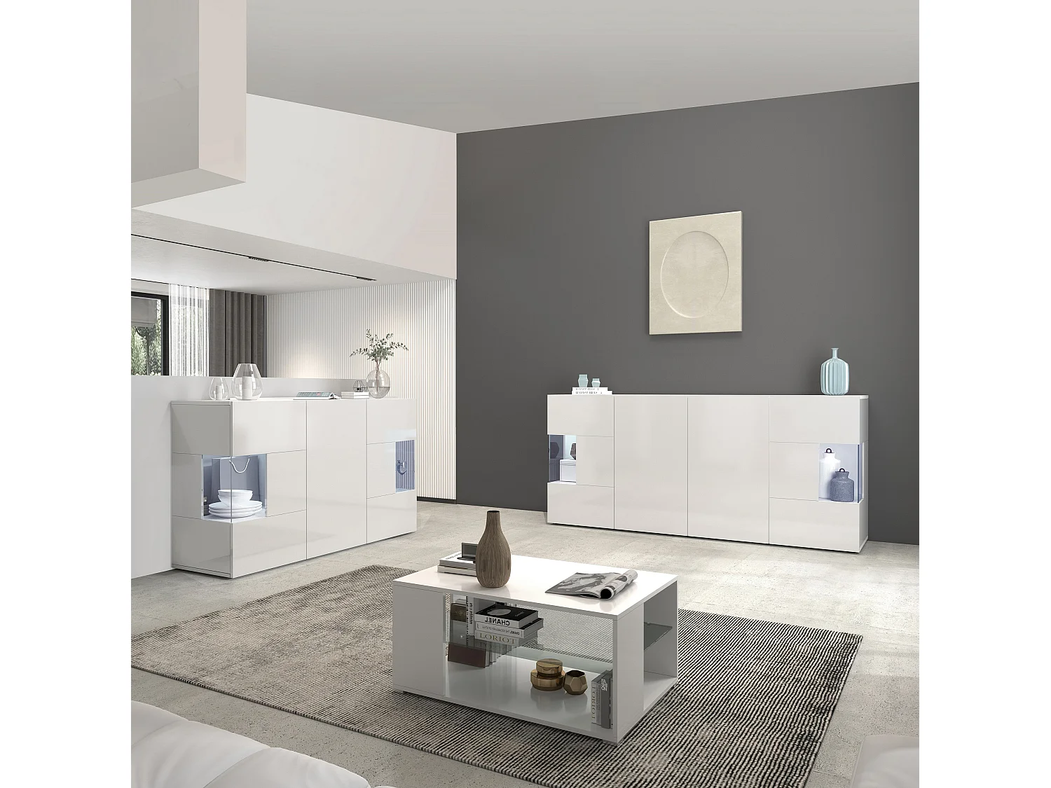 Credenza Egypt a 3 ante con inserti in vetro espositivi bianco lucido 135x40x80 cm