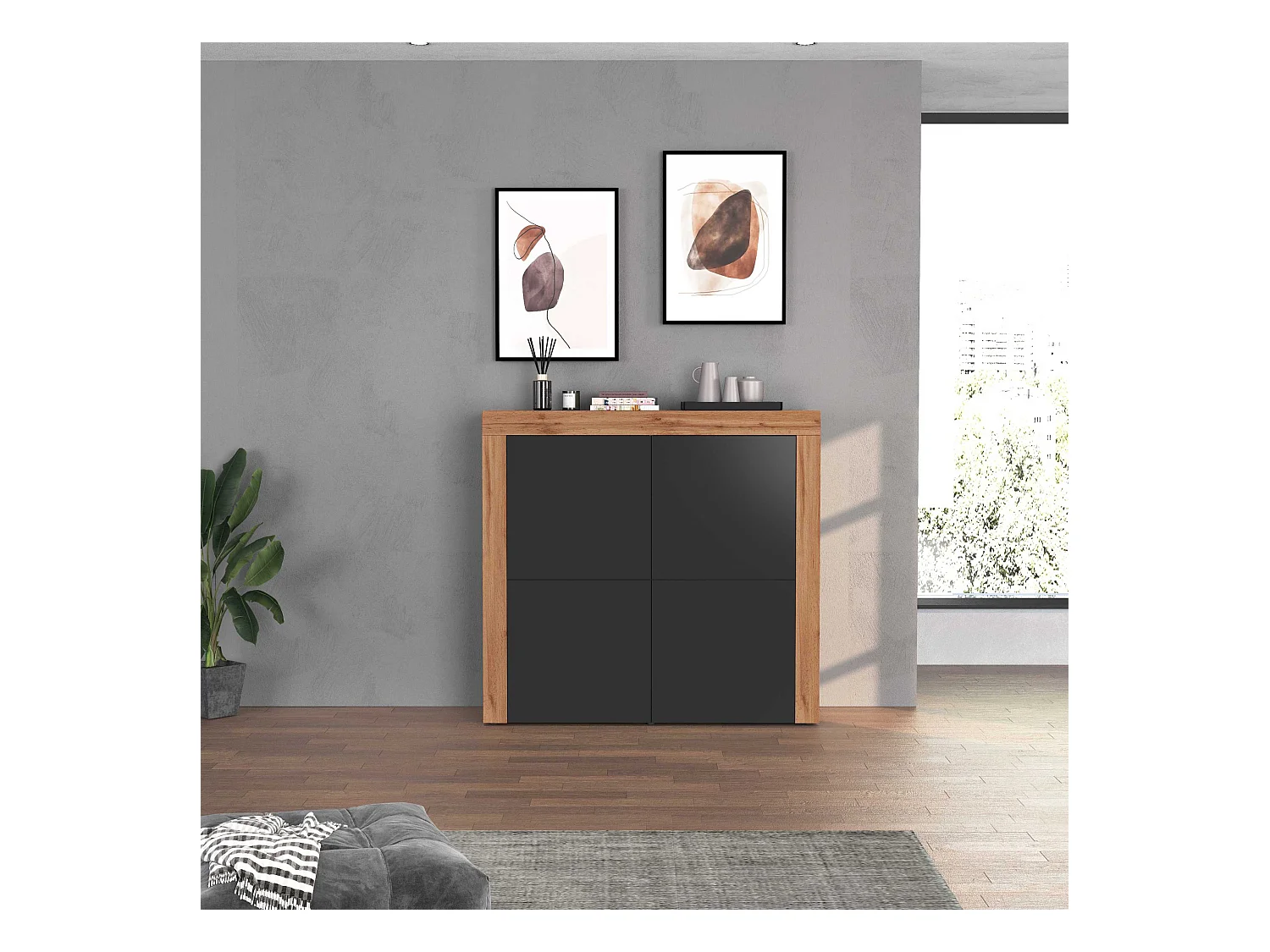 Madia Chronos a 4 ante antracite opaco e rovere 140x40x130 cm