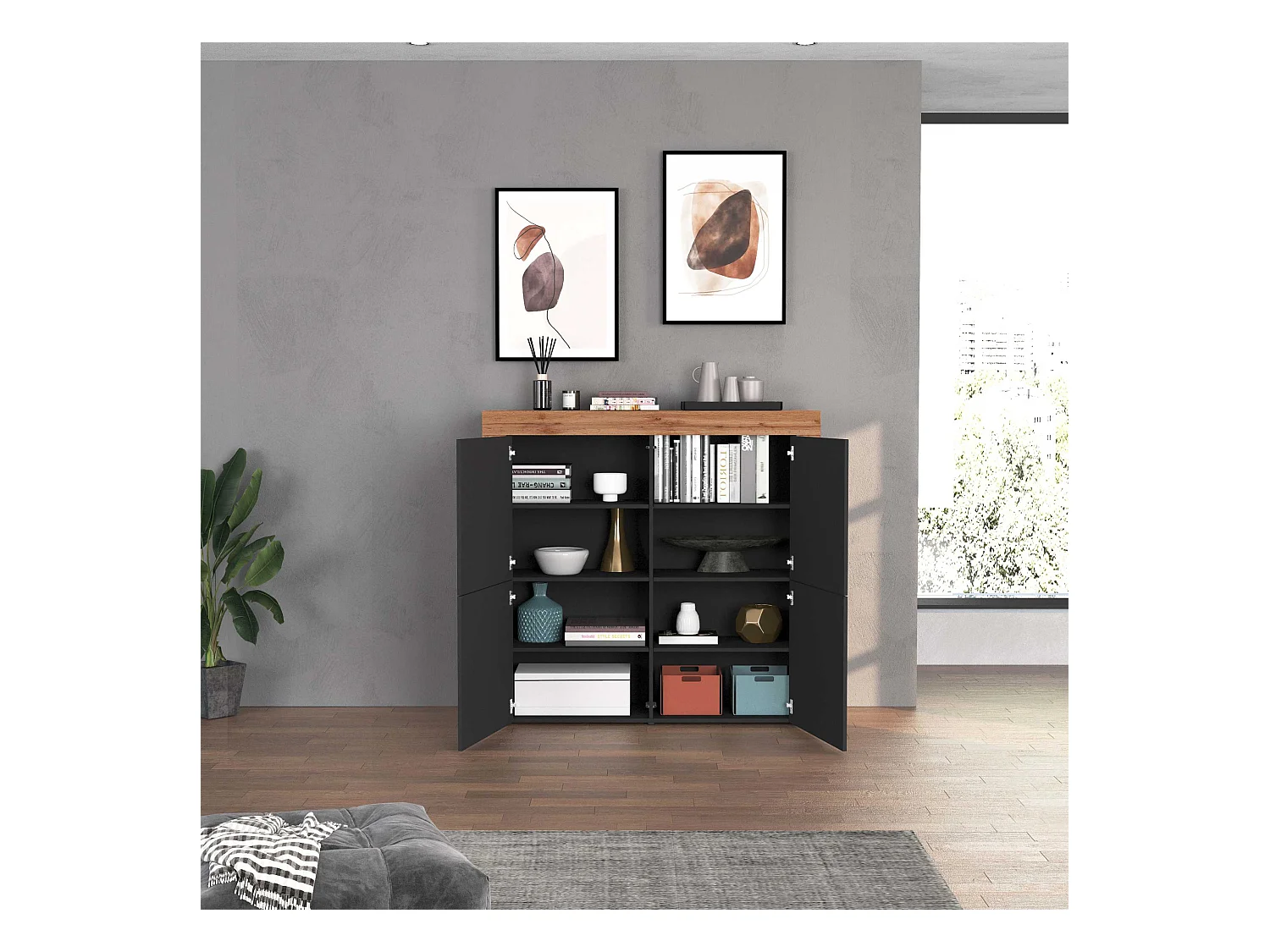 Madia Chronos a 4 ante antracite opaco e rovere 140x40x130 cm