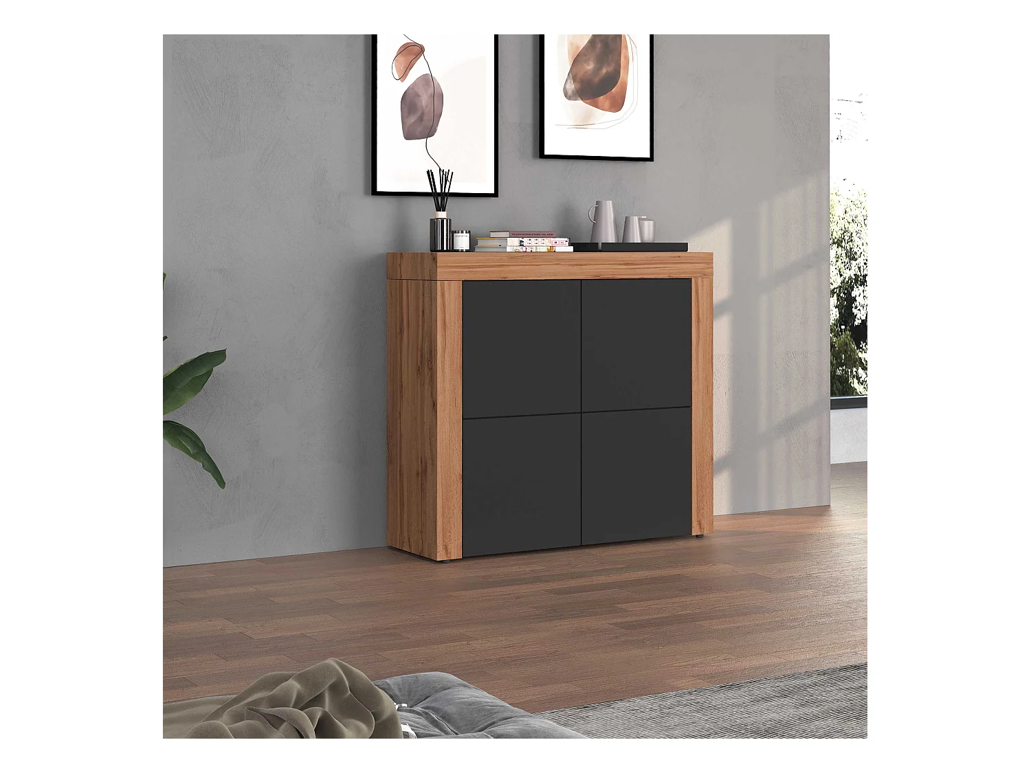 Madia Chronos a 4 ante antracite opaco e rovere 140x40x130 cm