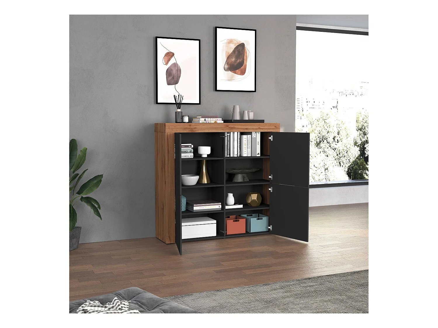 Madia Chronos a 4 ante antracite opaco e rovere 140x40x130 cm