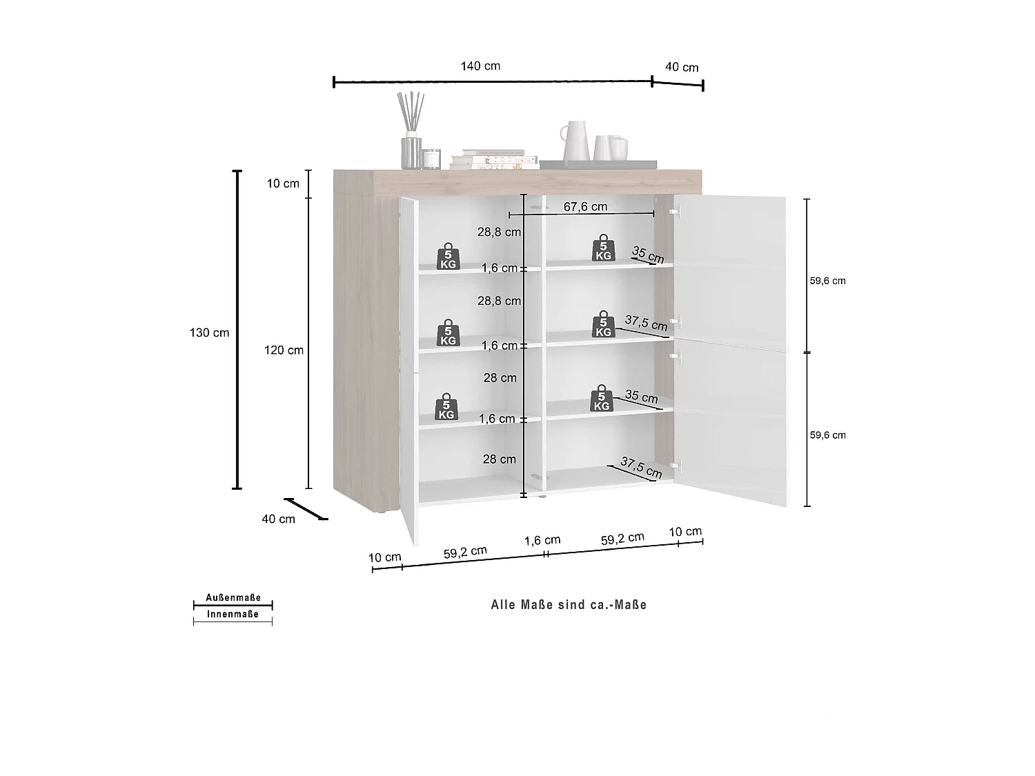 Madia Chronos a 4 ante antracite opaco e rovere 140x40x130 cm
