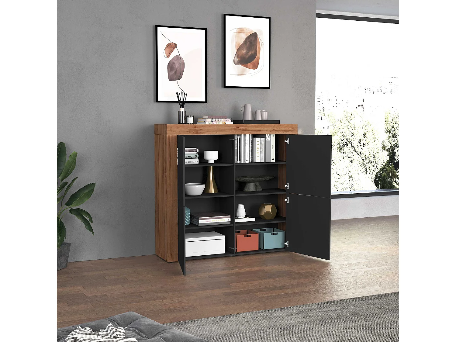 Madia Chronos a 4 ante antracite opaco e rovere 140x40x130 cm