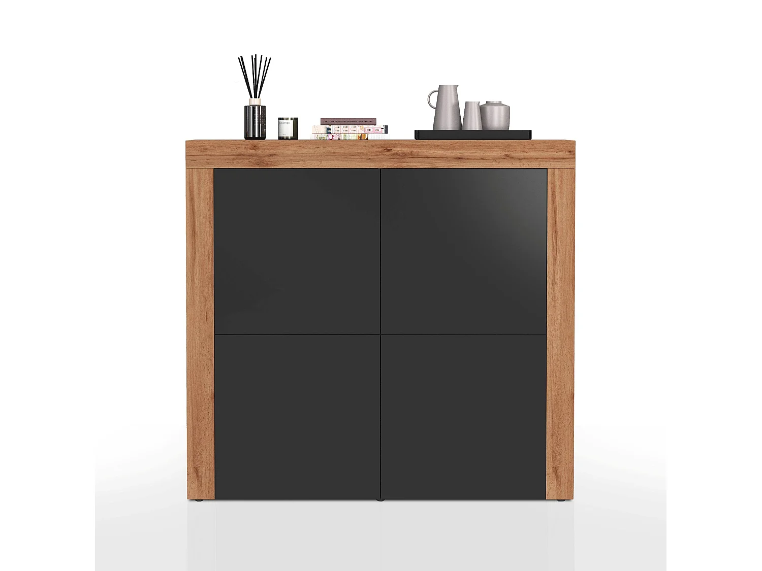 Aparador Chronos con 4 puertas, color antracita mate y roble, 140 x 40 x 130 cm