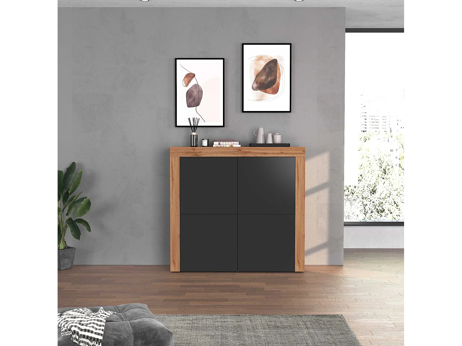 Aparador Chronos con 4 puertas, color antracita mate y roble, 140 x 40 x 130 cm