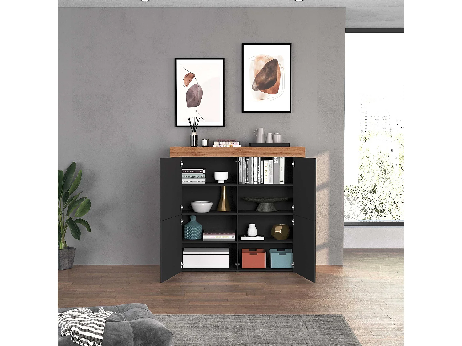 Aparador Chronos con 4 puertas, color antracita mate y roble, 140 x 40 x 130 cm